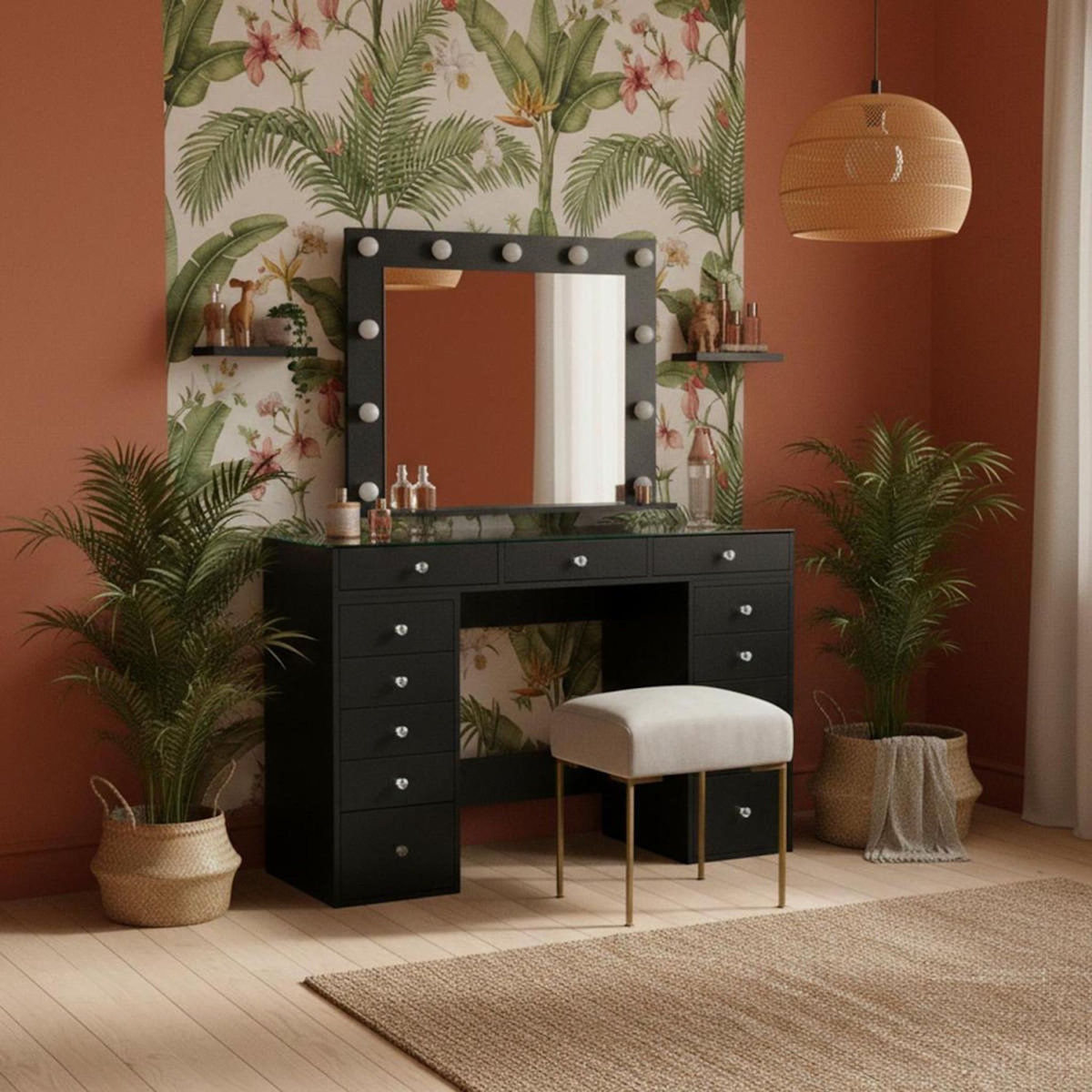 Paris Prix Coiffeuse Avec 13 Tiroirs & Miroir  Beauté  120cm Noir