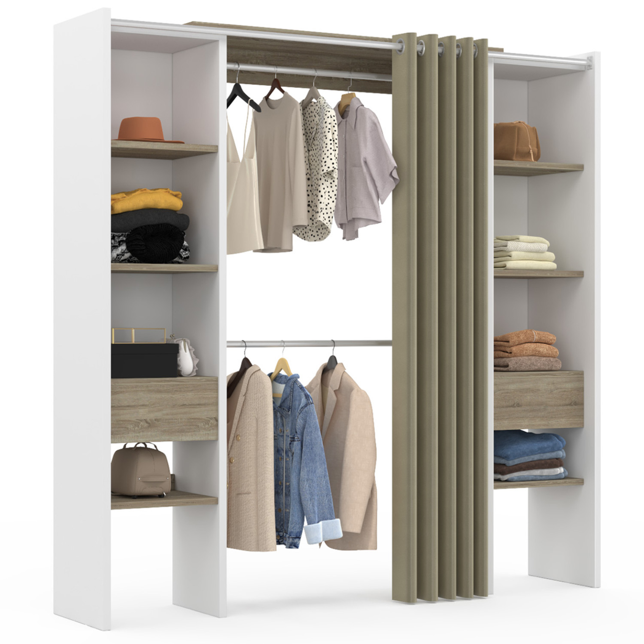 ID MARKET Dressing extensible double meryl 120/180 x 50 x 180 cm blanc avec étagères hêtre + double penderie + rideau taupe