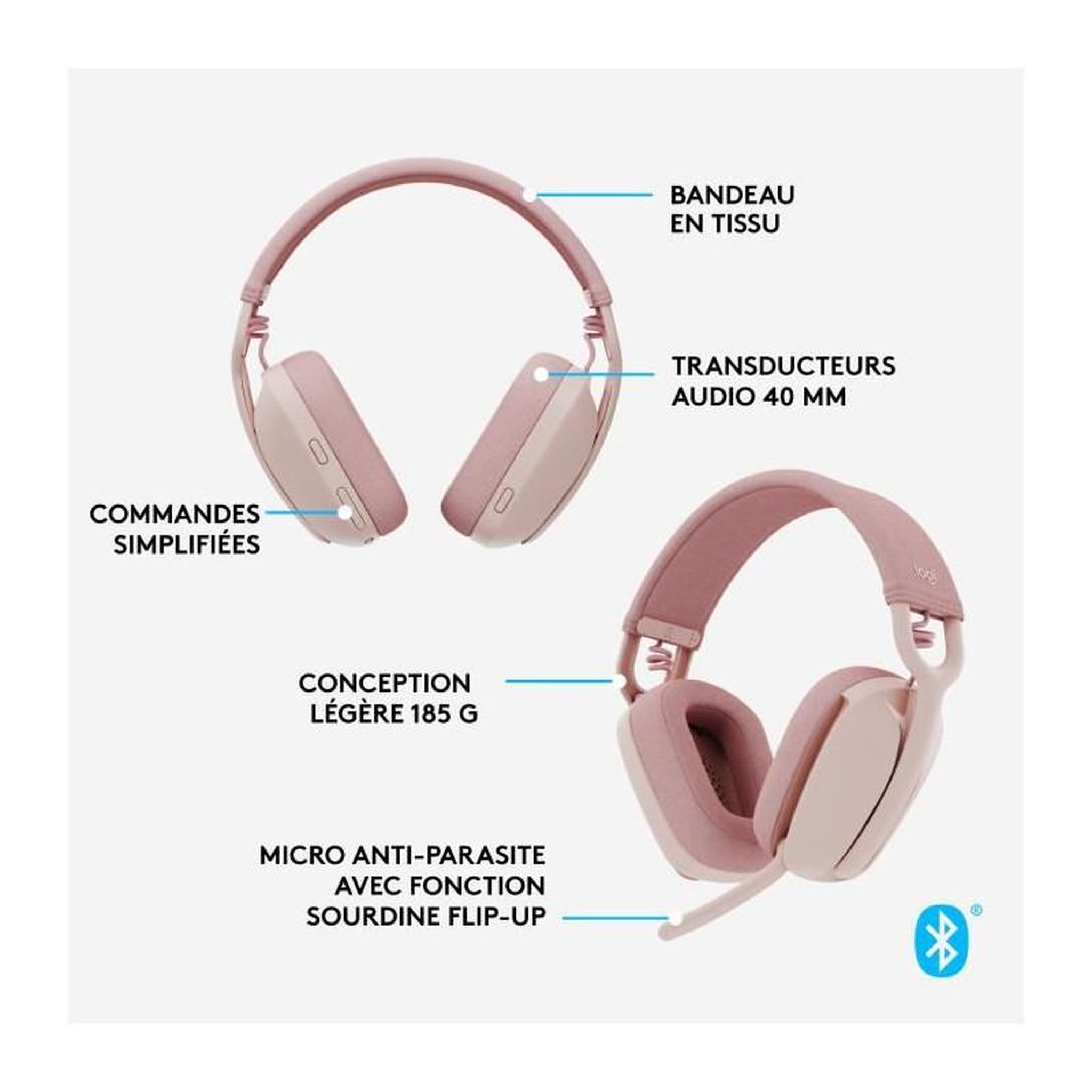 Voir la diapositive 6 : Logitech Logitech - Casque d'écoute léger sans fil avec Micro anti-bruit de fond - Zone Vibe 100 - Rose