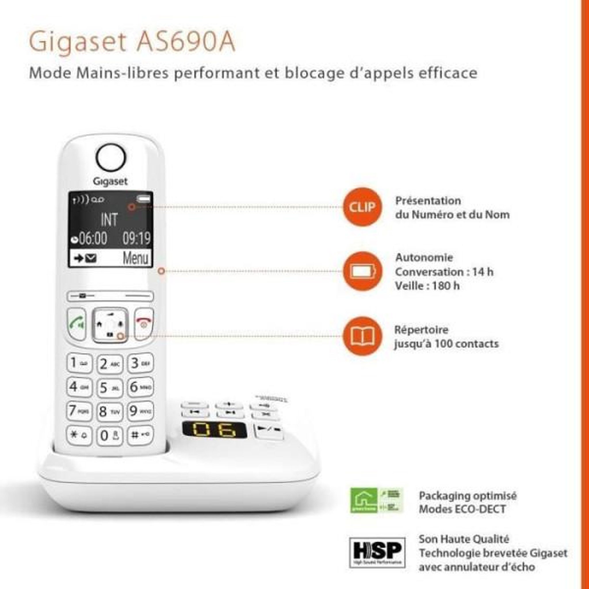 Voir la diapositive 5 : GIGASET Téléphone sans fil trio dect blanc avec répondeur - GIGAAS690ATRIOBLANC