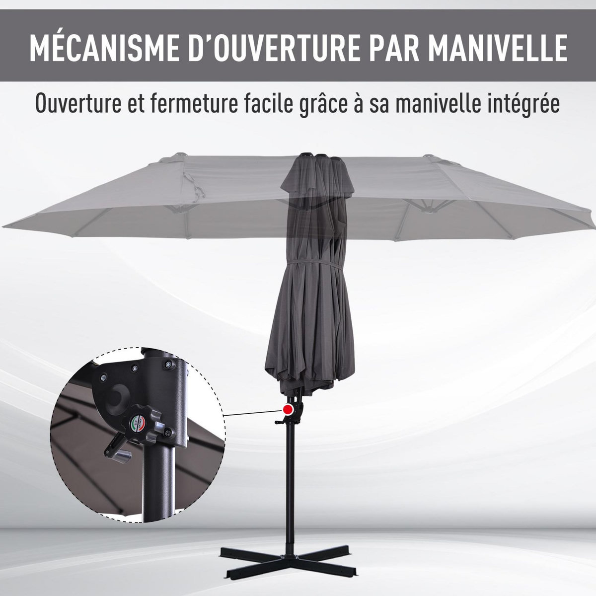 OUTSUNNY Parasol déporté grande taille XXL inclinable dim. 4,4L x 2,7l x 2,5H m piètement en acier inclus polyester gris