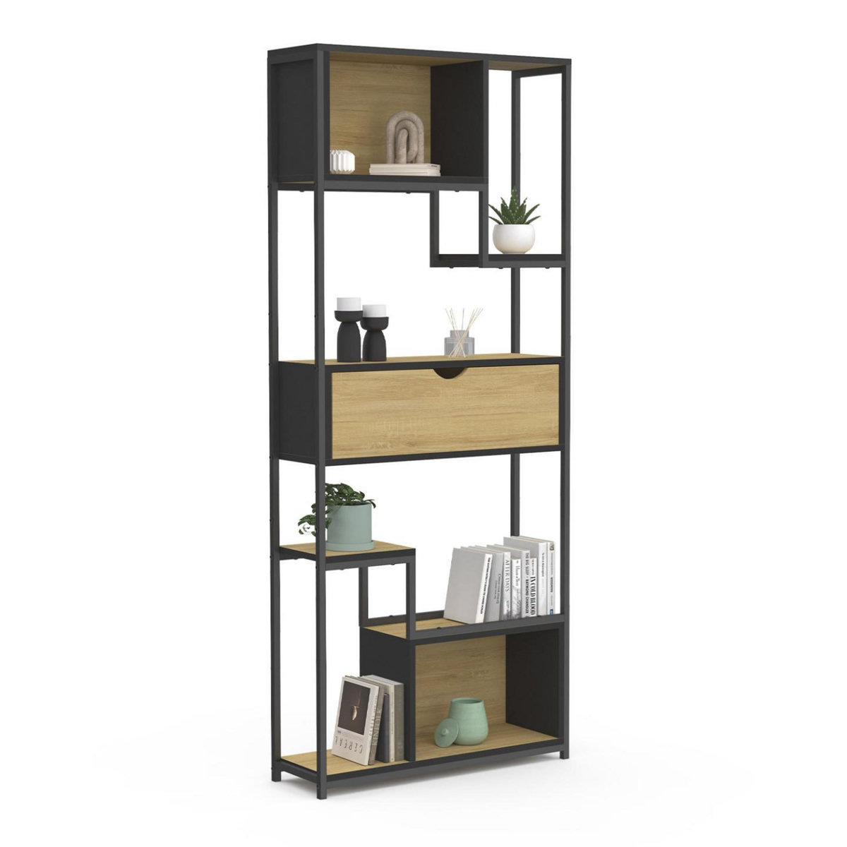 ID MARKET Etagère bibliothèque 6 niveaux asymétrique DETROIT avec tiroir design industriel 161 cm
