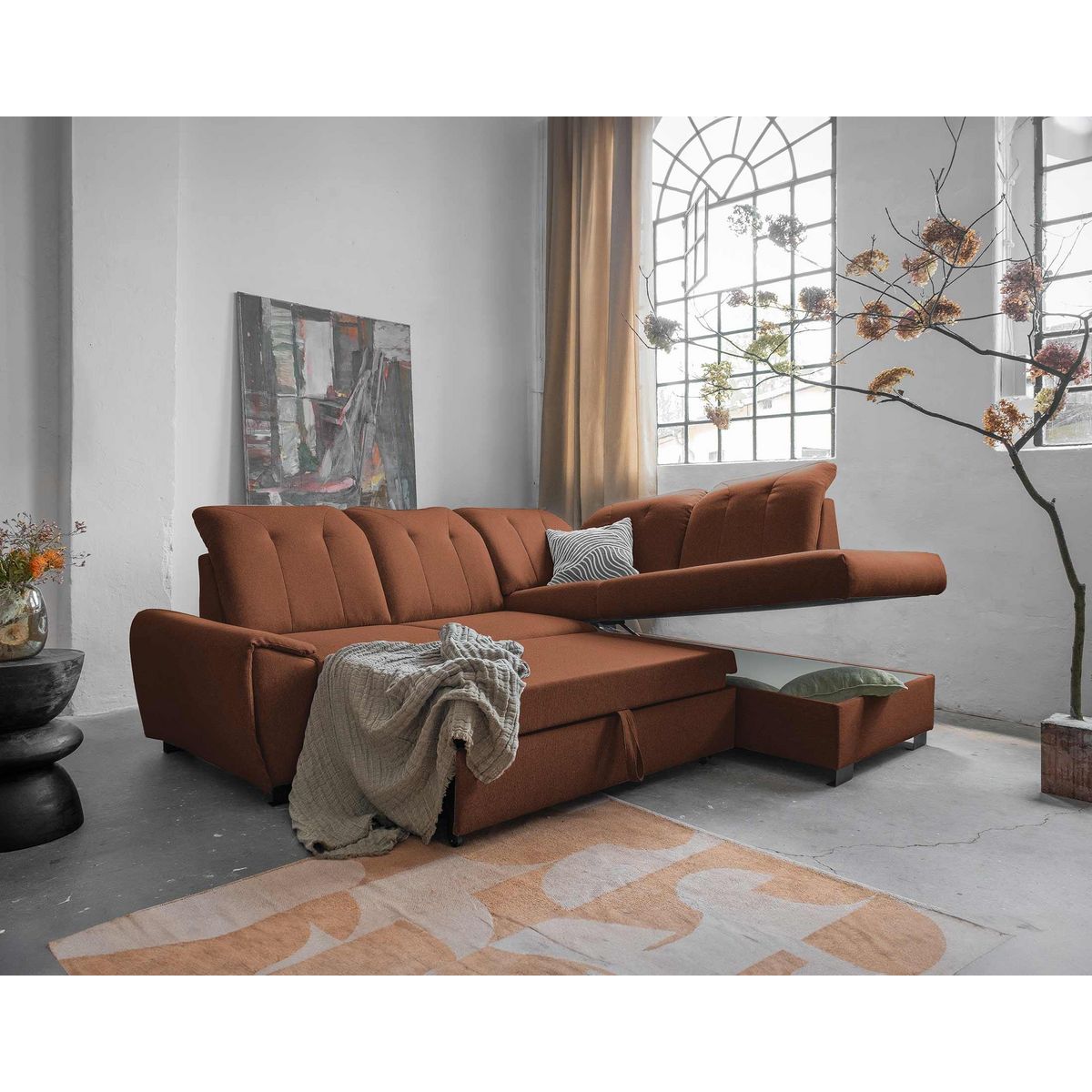 BEST MOBILIER Paul - canapé d'angle droit - 5 places - convertible avec coffre et têtières - en tissu