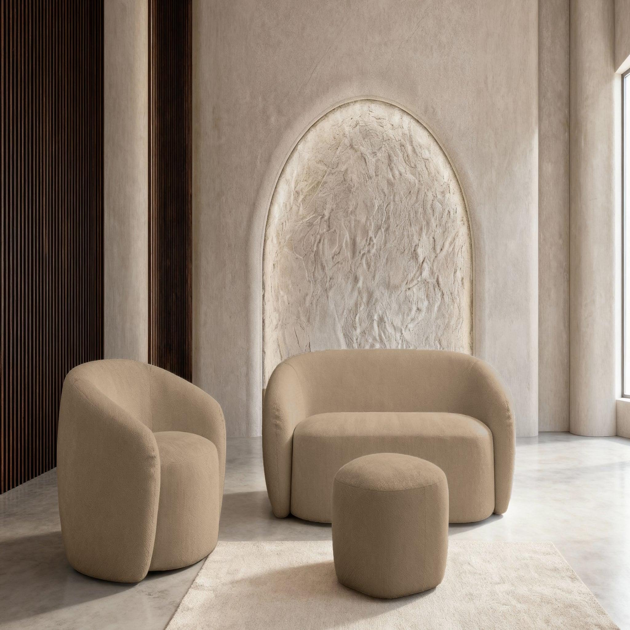 Voir la diapositive 3 : CASANOVA PARIS Aurelie - pack canapé droit 2 places + fauteuil + pouf tissu
