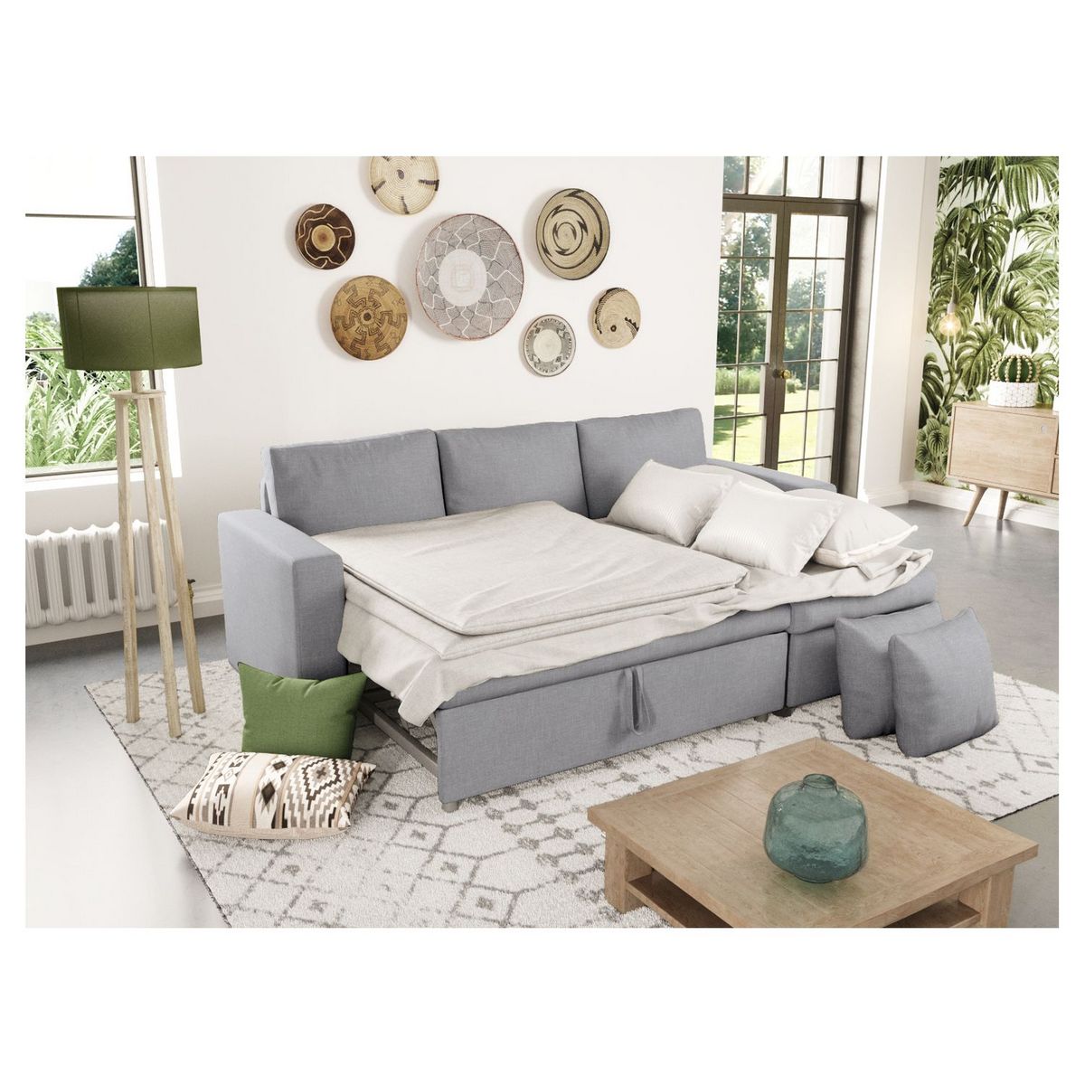 Canapé d'angle réversible convertible avec coffre en tissu ou velours GERALDINE 