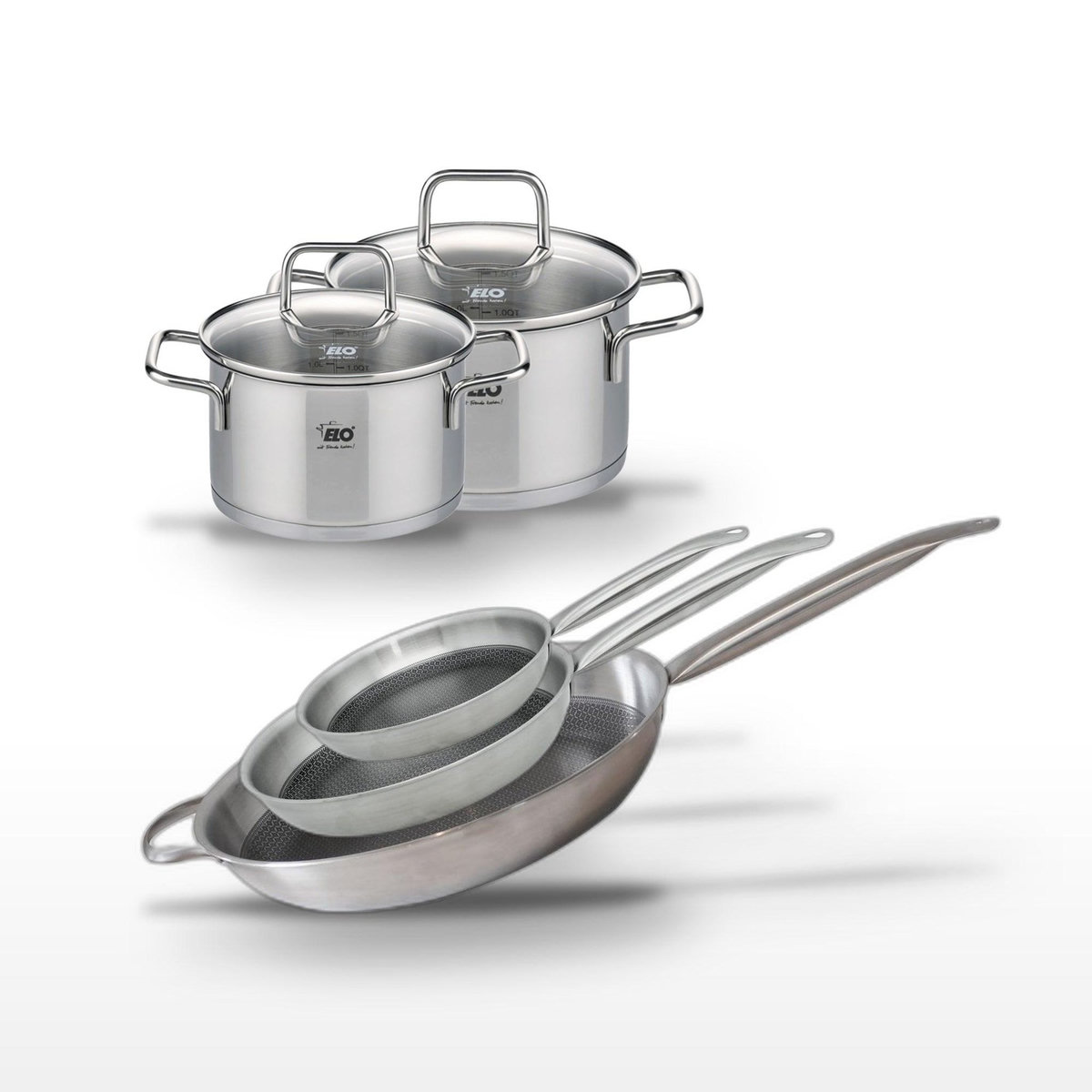 ELO Lot de 3 Poêles 24/28/32 cm Elo Relief Solution et 2 Faitouts 14/16 cm