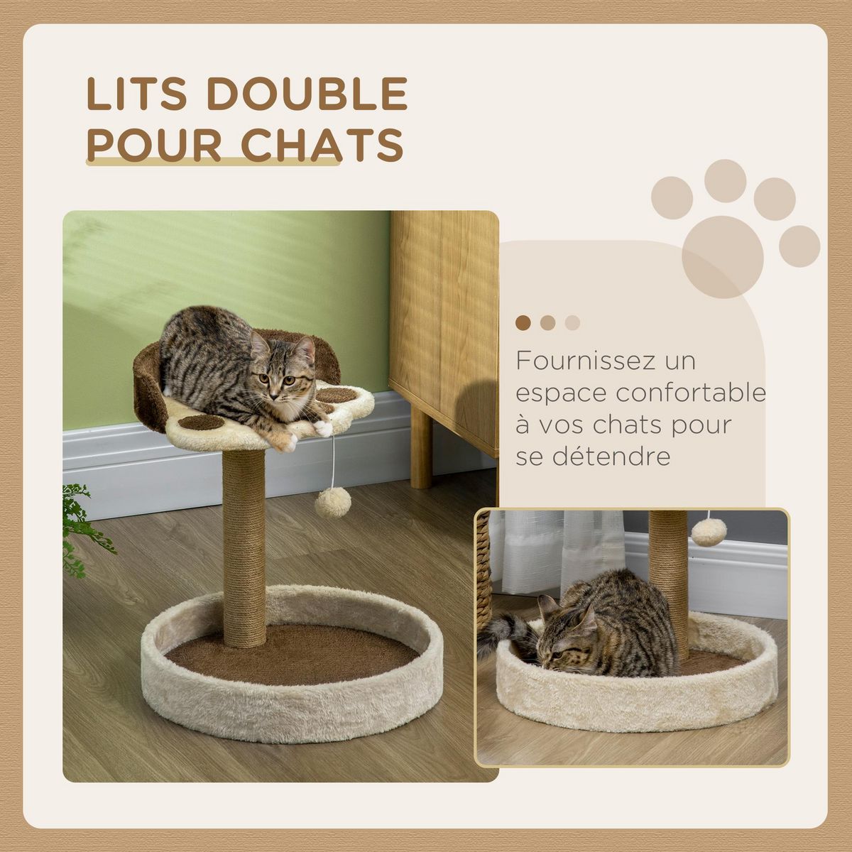 PAWHUT Arbre à chat griffoir design patte de chat jeu boule suspendue panier plateforme observation peluche beige marron jute naturelle