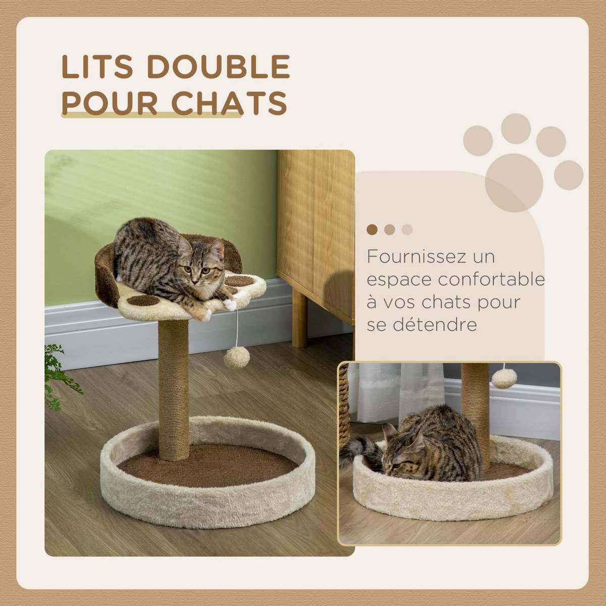 PAWHUT Arbre à chat griffoir design patte de chat jeu boule suspendue panier plateforme observation peluche beige marron jute naturelle