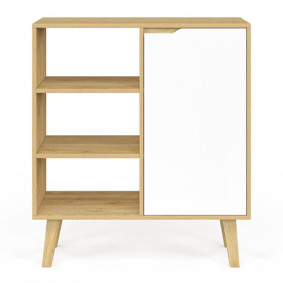 ID MARKET Buffet d'appoint 3 étagères et placard 70 cm FINN blanc et bois façon hêtre