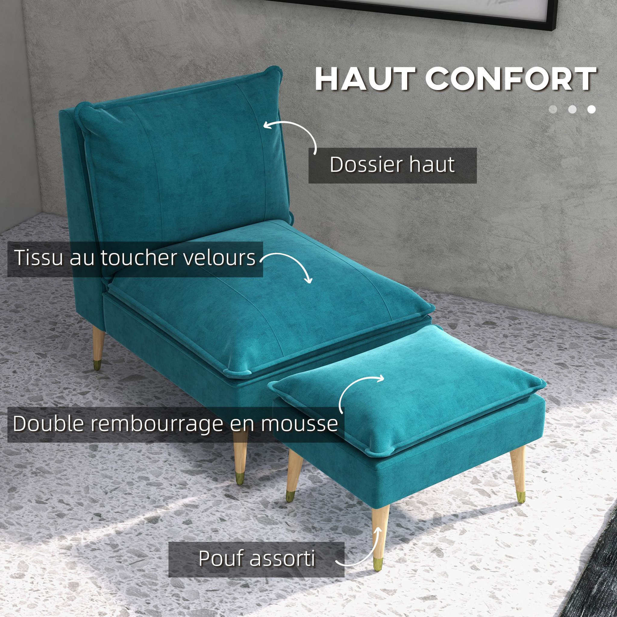 Voir la diapositive 5 : HOMCOM Fauteuil design scandinave grand confort - repose-pied inclus - piètement effilé incliné bois hévéa velours turquoise