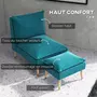 HOMCOM Fauteuil design scandinave grand confort - repose-pied inclus - piètement effilé incliné bois hévéa velours turquoise