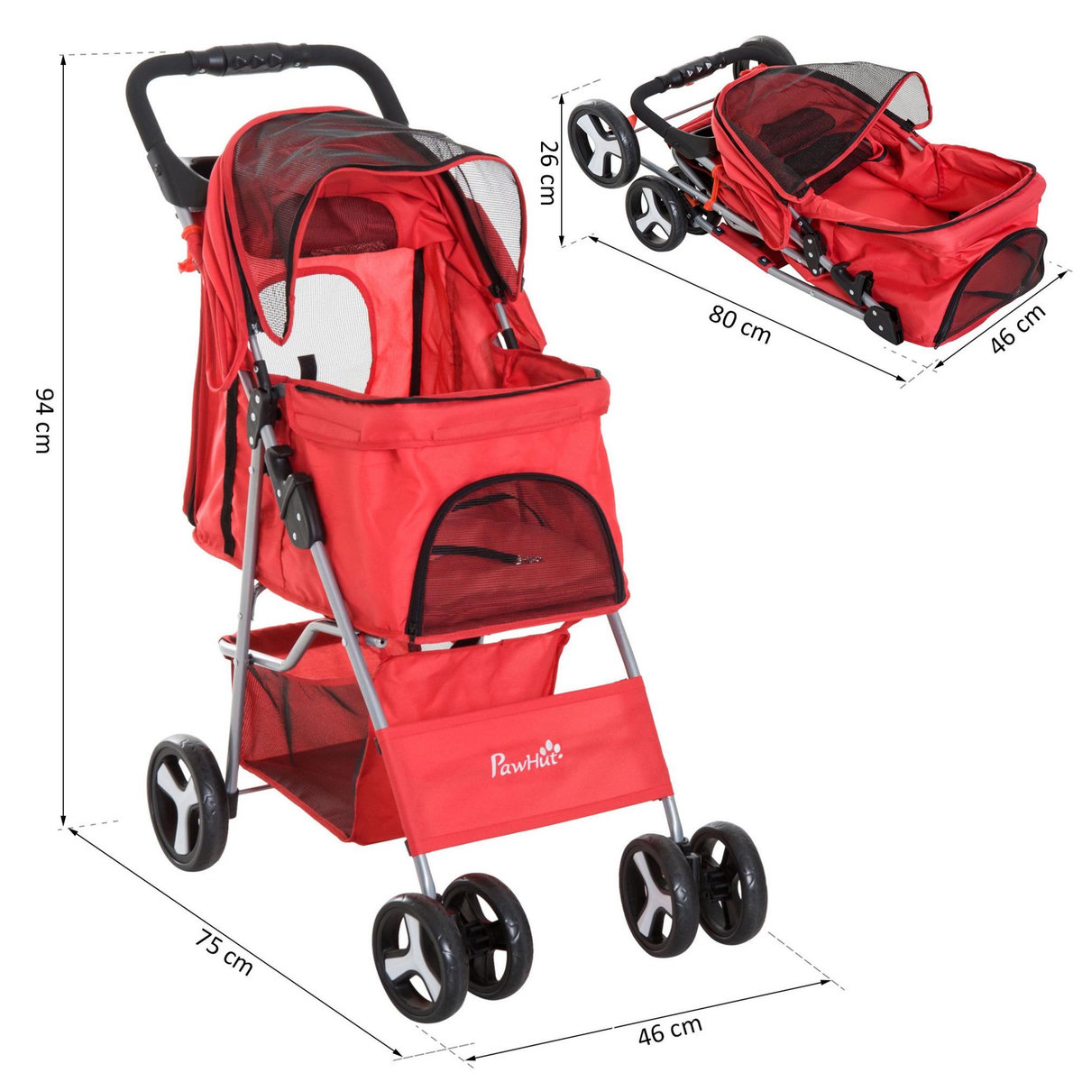 PAWHUT Poussette buggy pour chiens 75L x 46l x 94H cm pliable imperméable tissu 600D Oxford 4 roues rouge