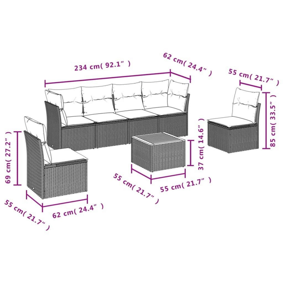 VIDAXL Salon de jardin 7 pcs avec coussins noir resine tressee