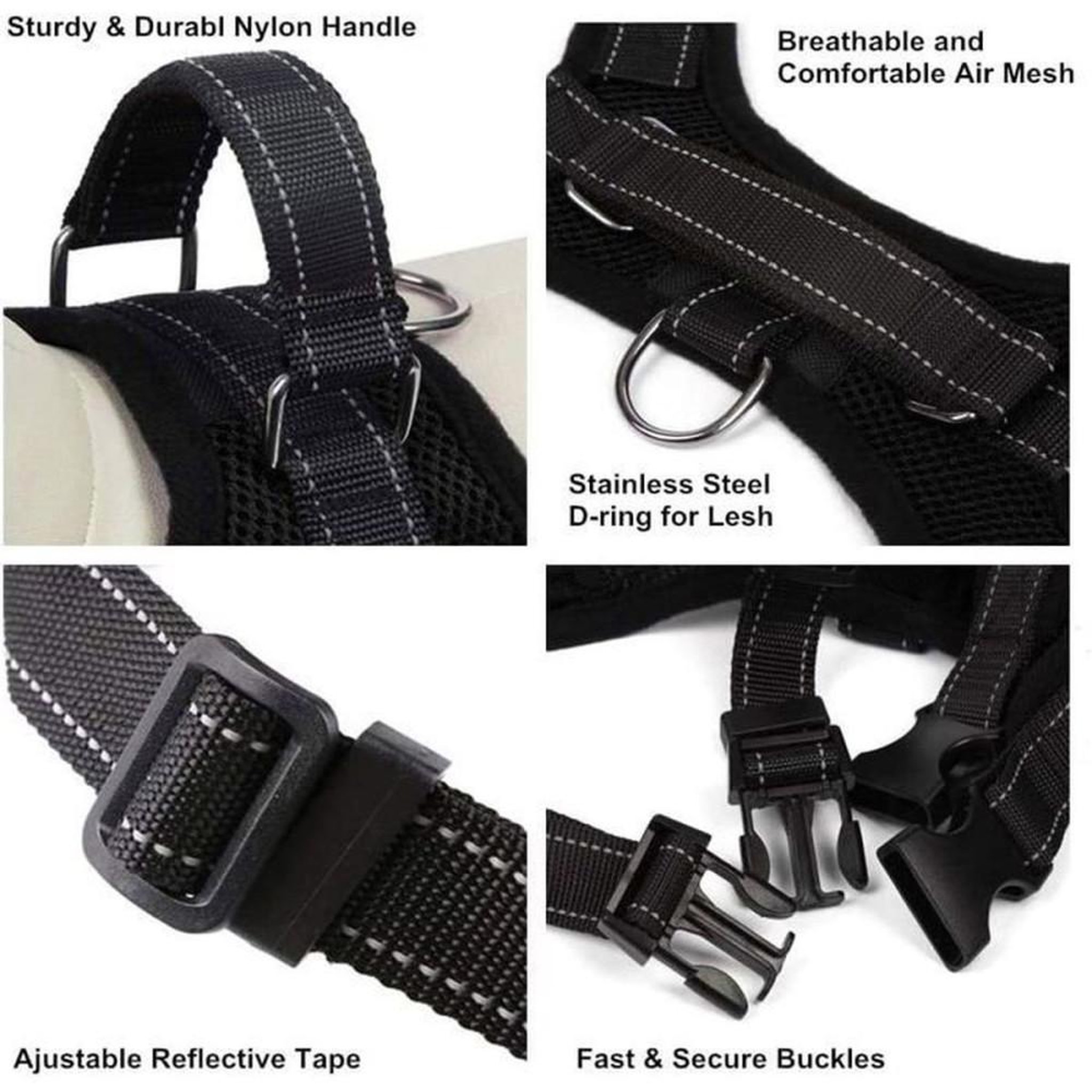 Voir la diapositive 3 : Harnais anti-traction pour chien camouf﻿lage noir taille L, tissu Oxford respirant, bretelles nylon réglables, bandes réfléchissantes, fermeture rapide verrouillable