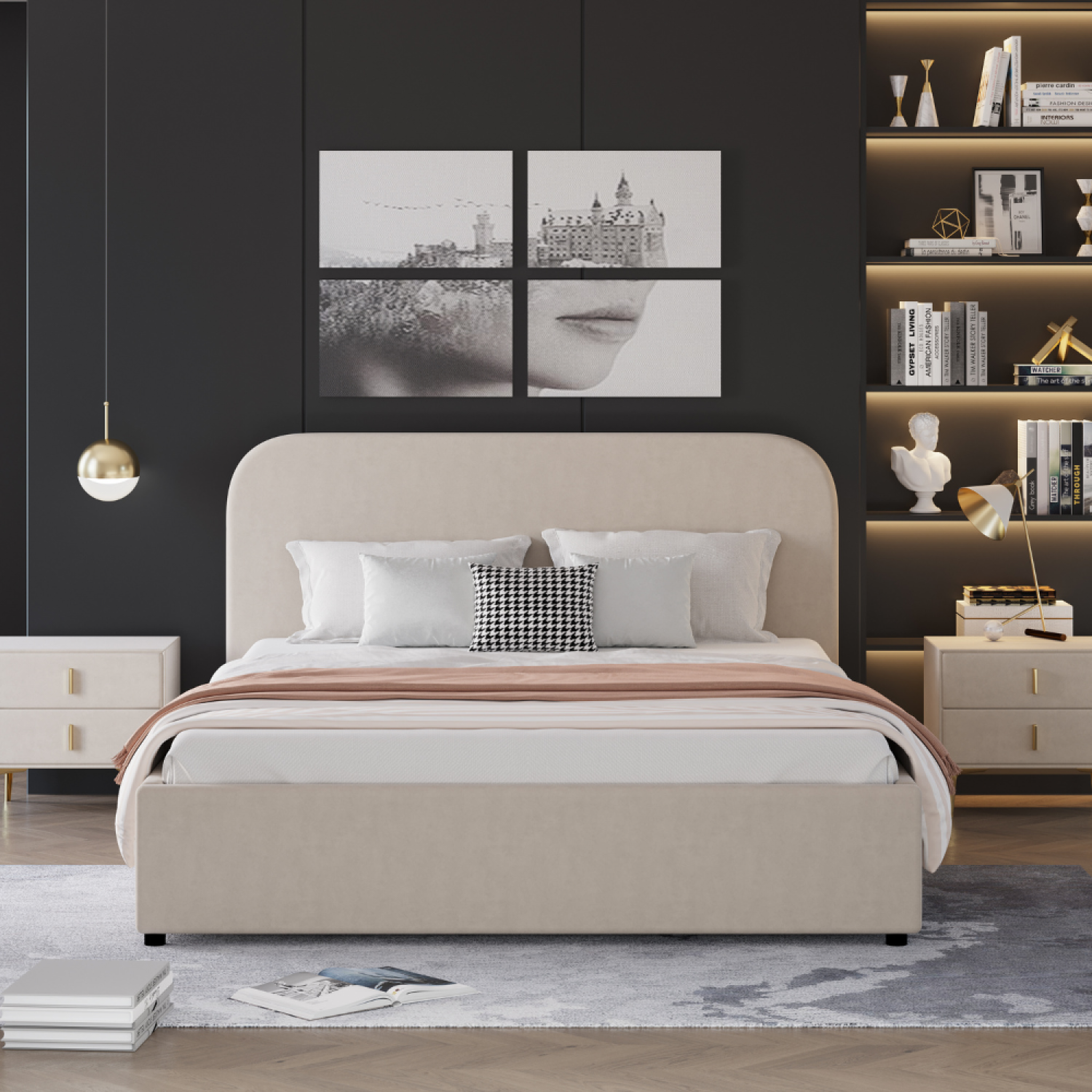 Voir la diapositive 5 : CONCEPT USINE Lit avec coffre de rangement 160x200cm velours beige houston