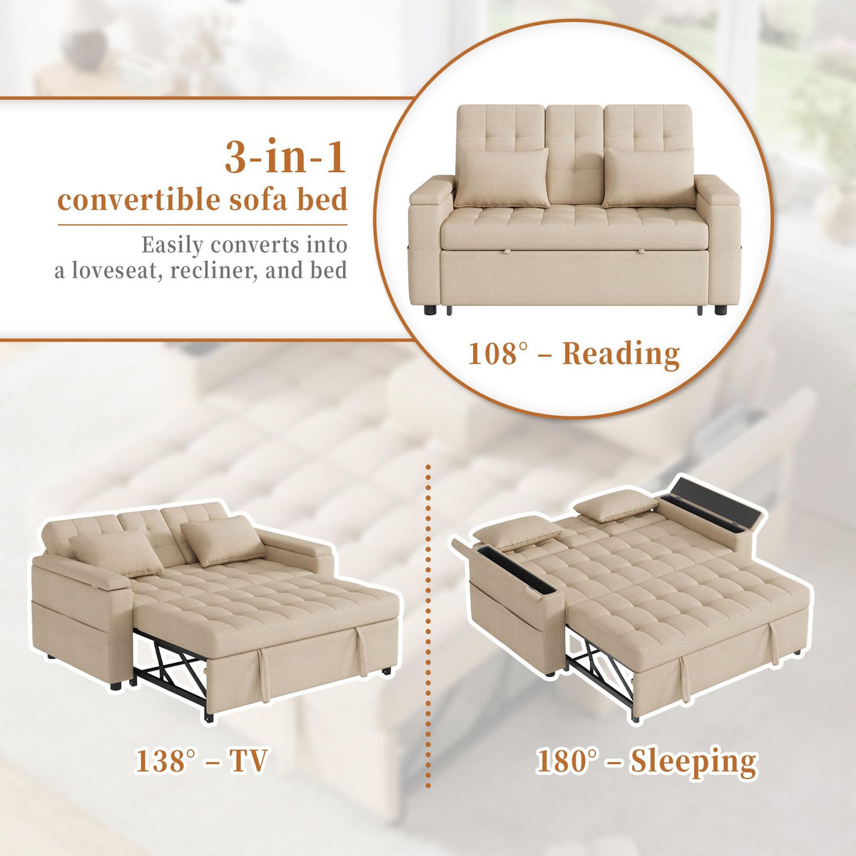 MERAX Canapé droit convertible 2 places coton et lin