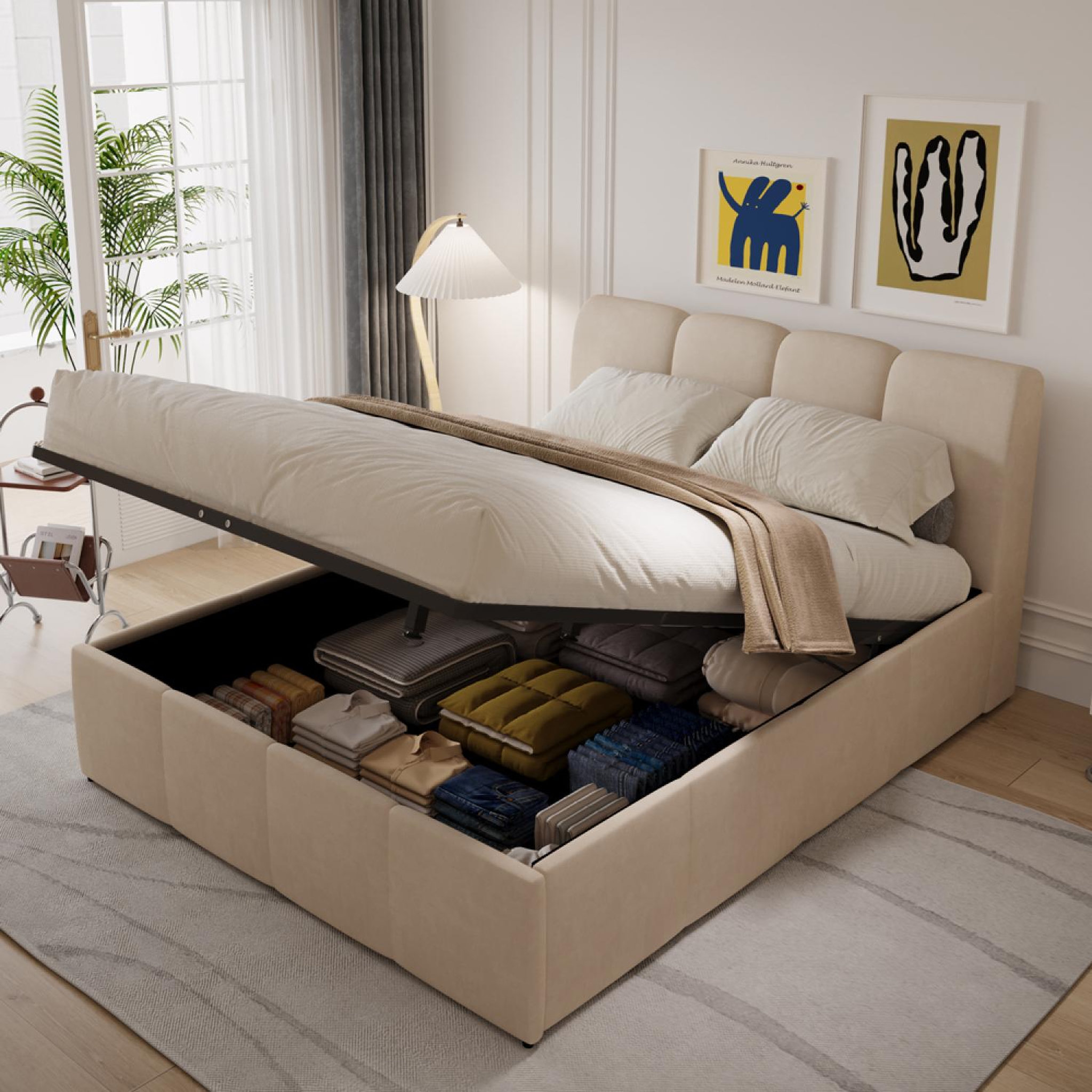 Voir la diapositive 2 : CONCEPT USINE Lit coffre style nuage led 140x190cm velours beige baltimore