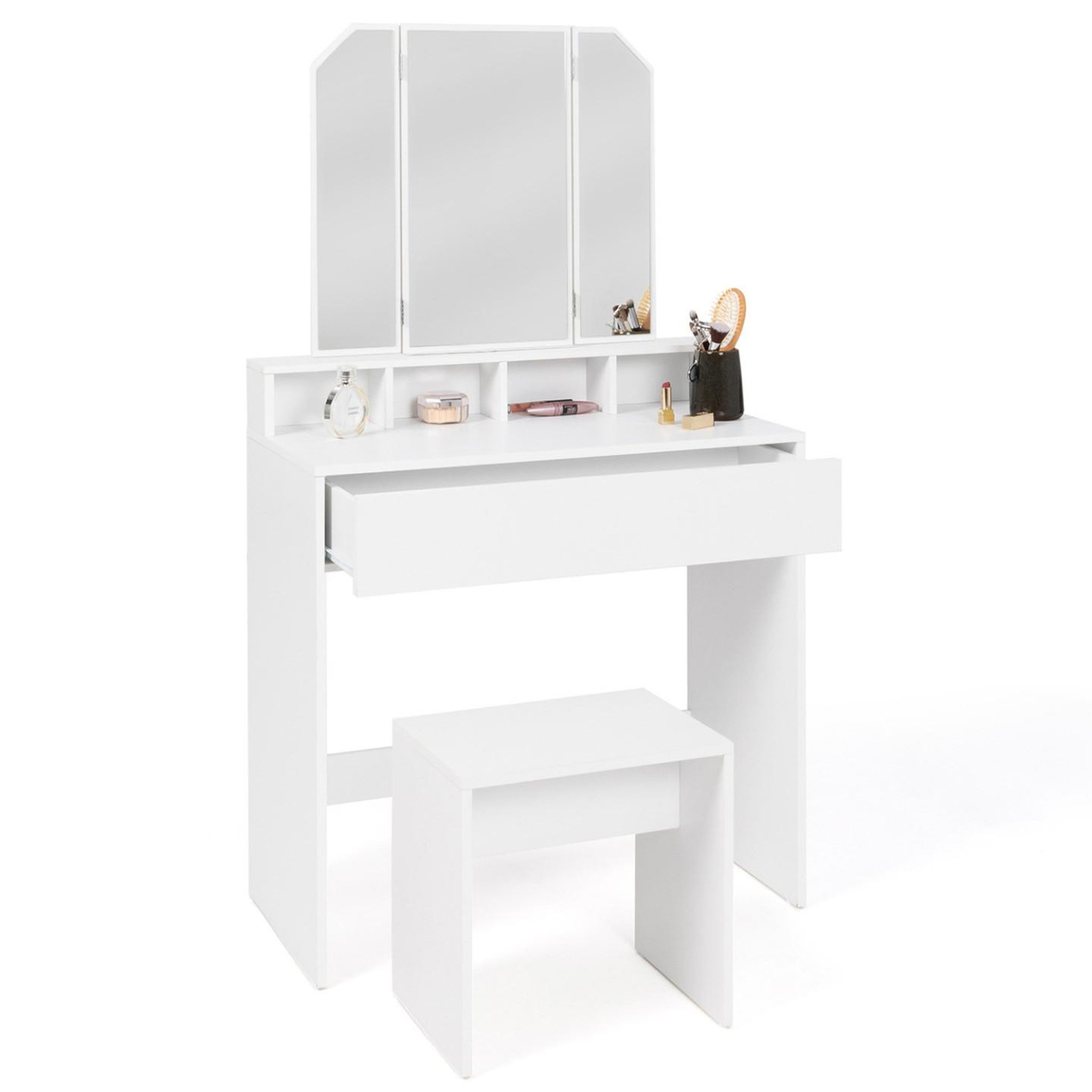 ID MARKET Coiffeuse zelia 3 miroirs avec 4 niches, 1 tiroir et tabouret