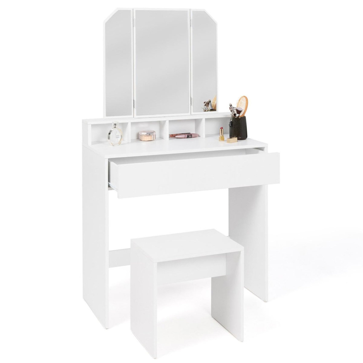 ID MARKET Coiffeuse ZELIA 3 miroirs avec 4 niches, 1 tiroir et tabouret