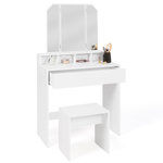ID MARKET Coiffeuse ZELIA 3 miroirs avec 4 niches, 1 tiroir et tabouret