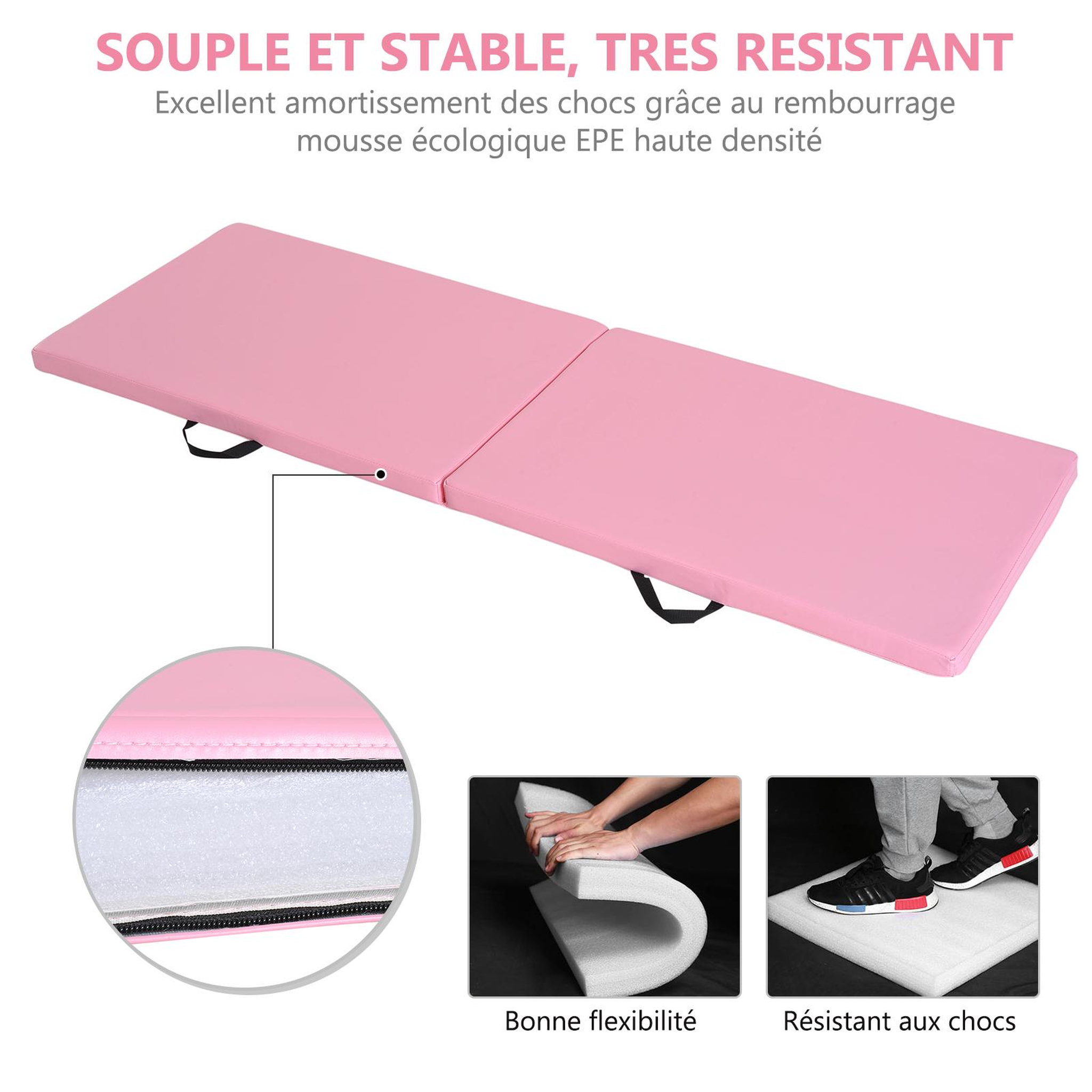 Voir la diapositive 6 : HOMCOM Tapis de gymnastique yoga pilates fitness pliable portable grand confort 180L x 60l x 5H cm revêtement synthétique rose