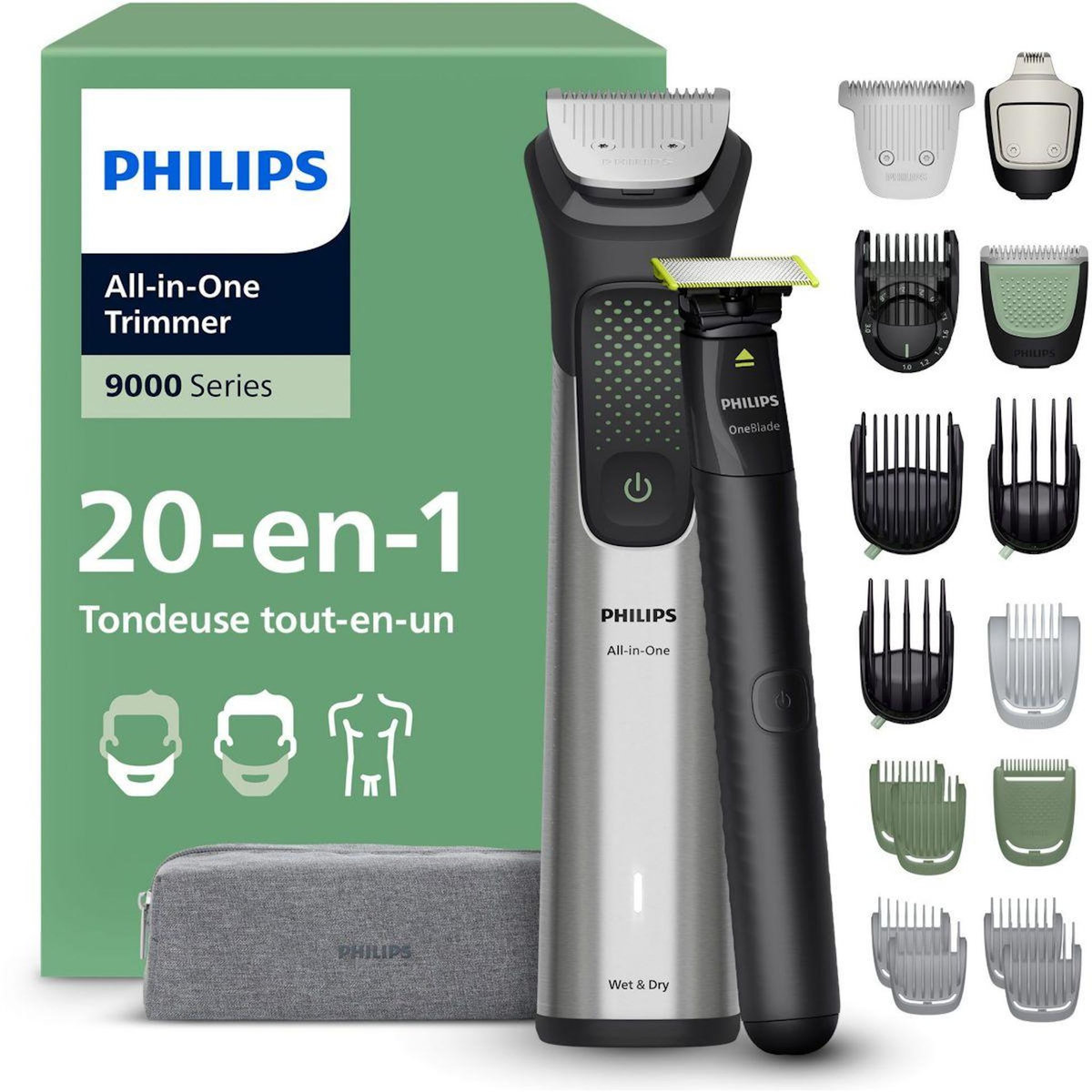 Philips Tondeuse multi usages MG9557/15 Series 9000, 27 hauteurs de coupe, précision 0,2 mm, autonomie 120 mn