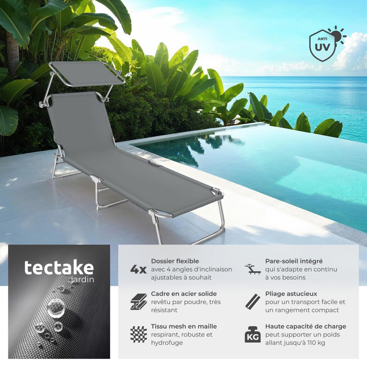 tectake Lot de 2 transats de jardin en acier pliables gris