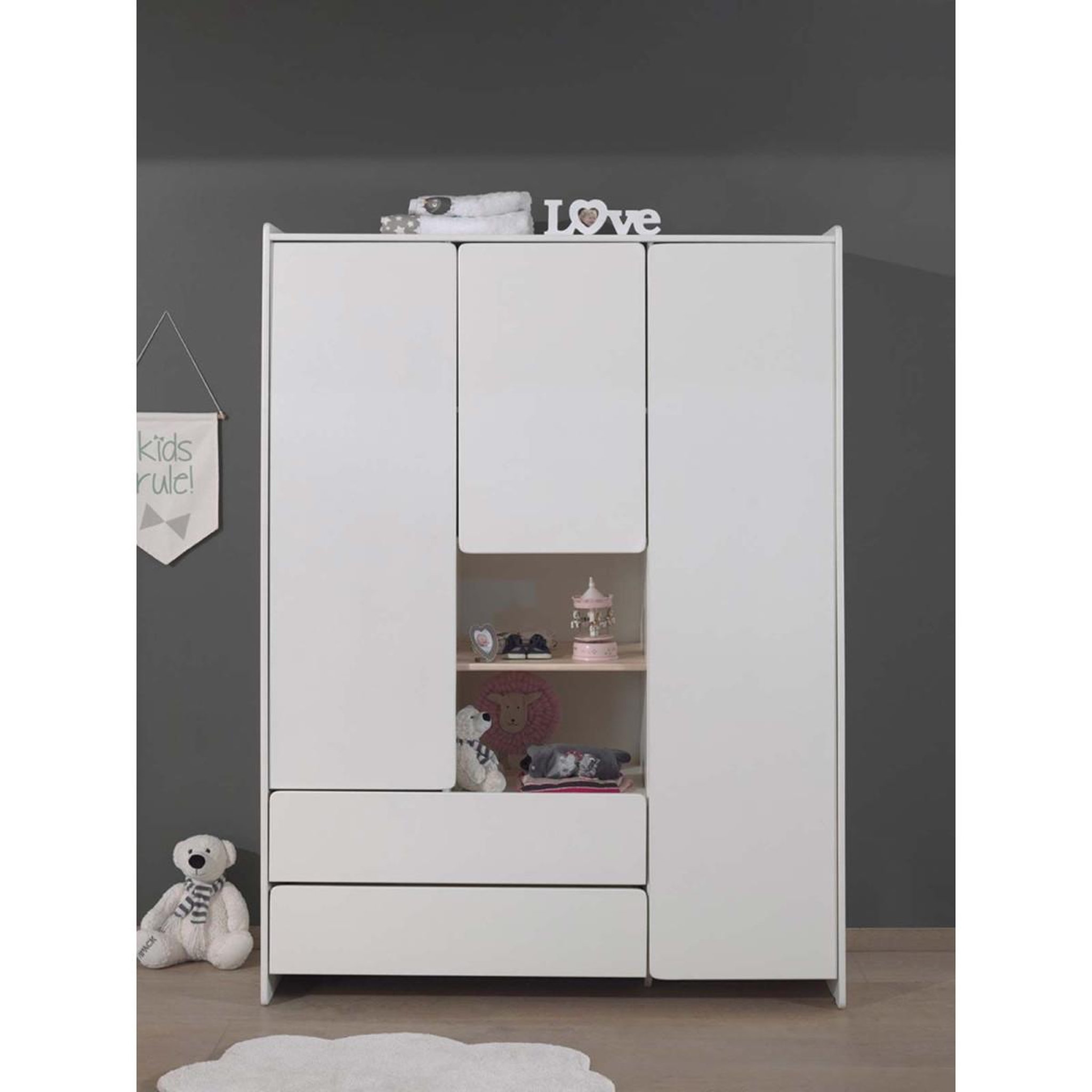Voir la diapositive 3 : Paris Prix Armoire 3 portes & 2 tiroirs  kiddy  190cm blanc