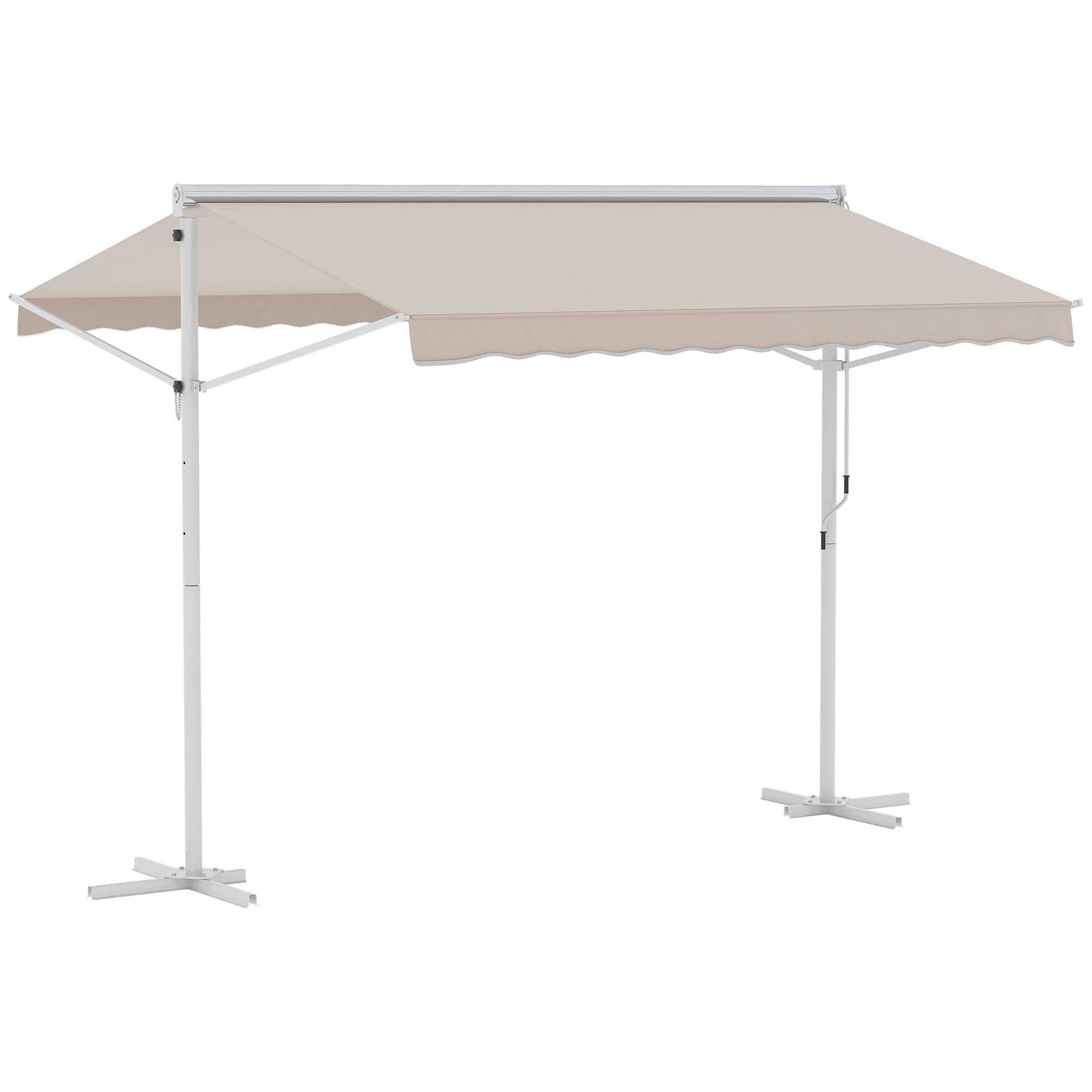 Voir la diapositive 1 : OUTSUNNY Store double pente manuel rétractable inclinaison réglable acier époxy blanc polyester imperméabilisé anti-UV beige dim. 3L x 2,95l x 2,6H m