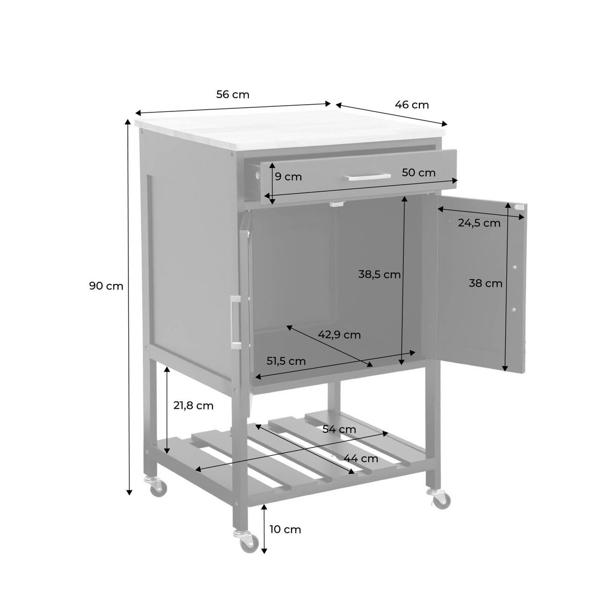 SWEEEK Desserte de cuisine BENDOR plateau en bois d'hévéa, 56 x 46 x 90 cm, 4 roues, 1 tiroir, 2 étagère, 1 double porte, style contemporain