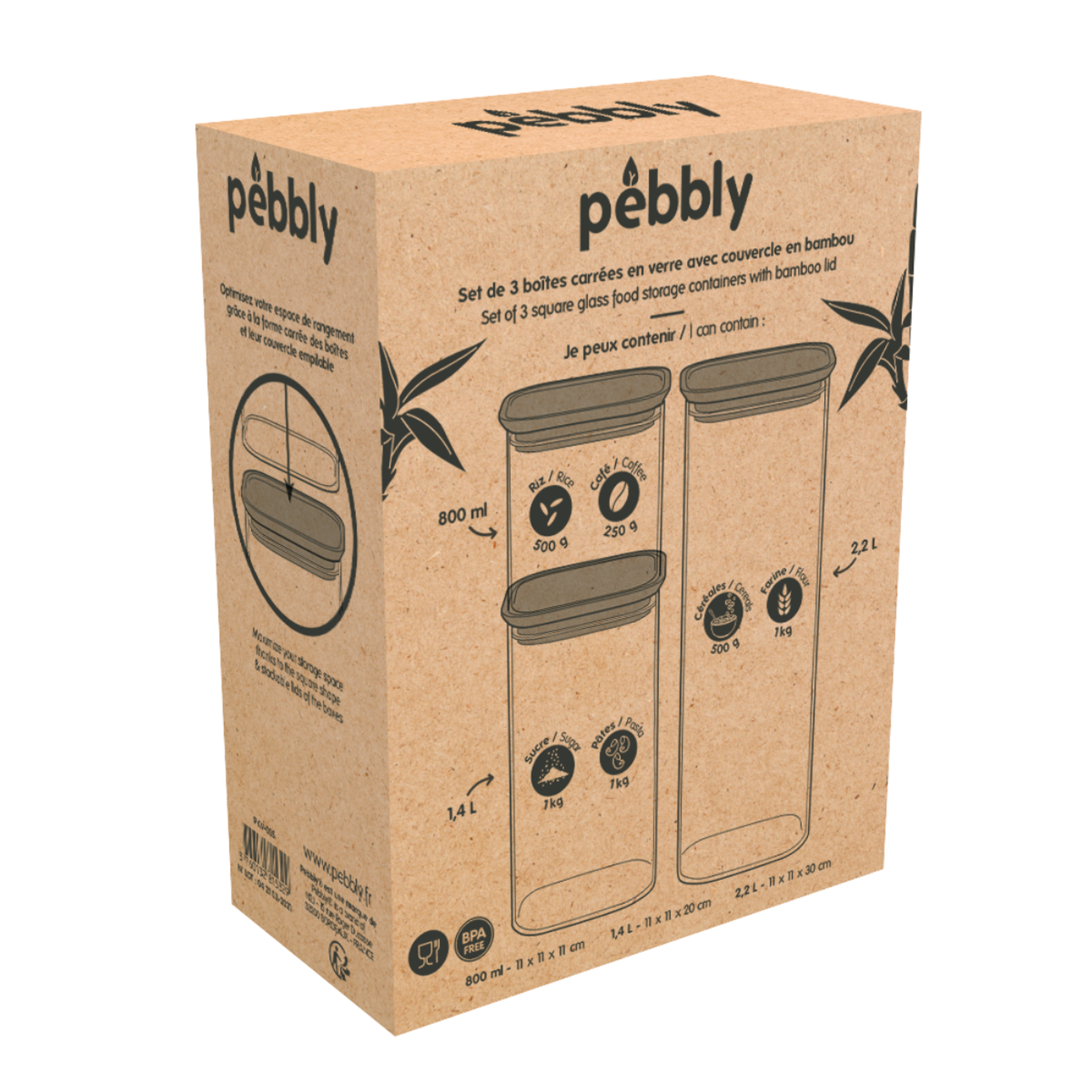 Voir la diapositive 3 : PEBBLY 3 boîtes alimentaire carrées en verre - pkv-035