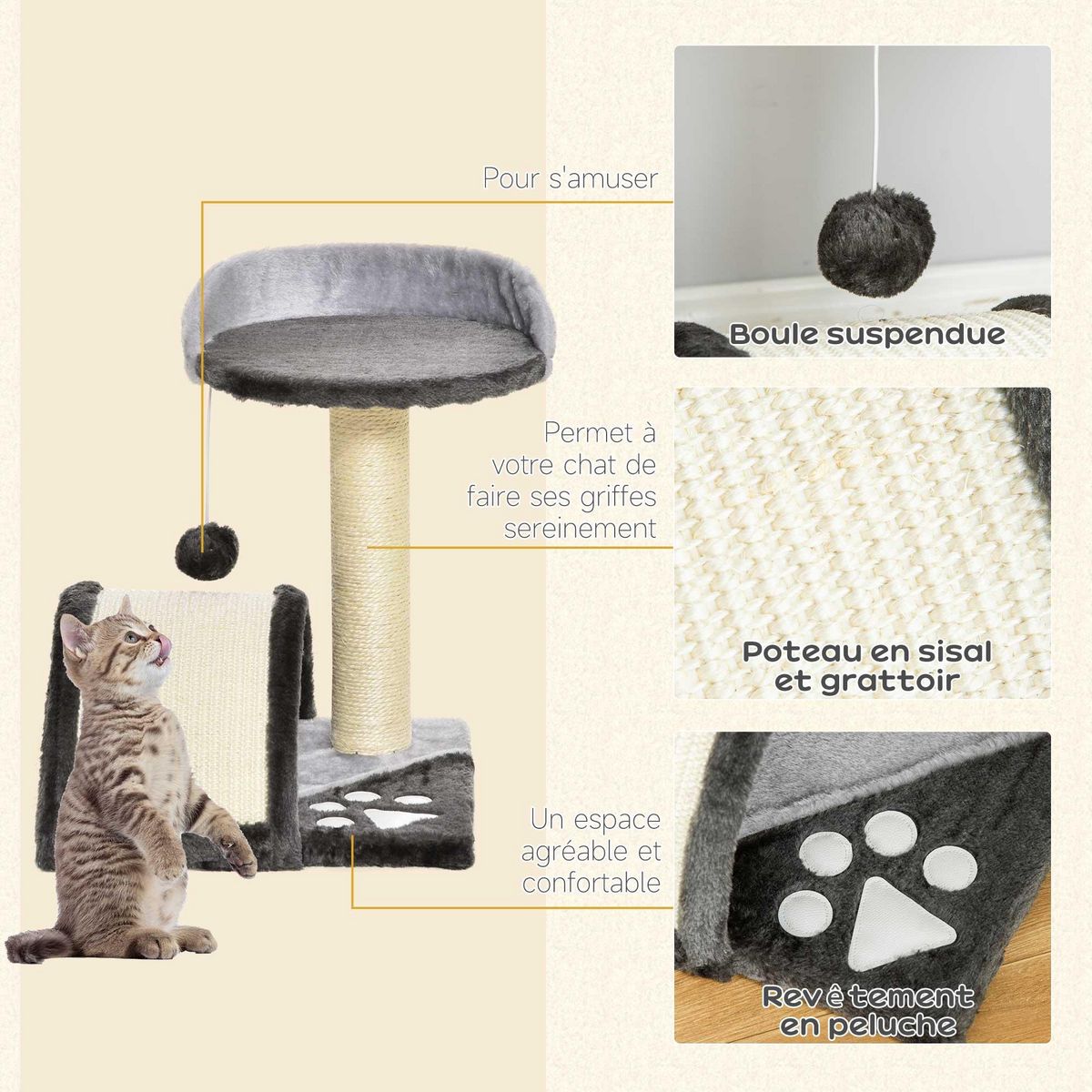 PAWHUT Arbre à chat griffoir grattoir design jeu boule suspendue + plateforme peluche sisal naturel gris