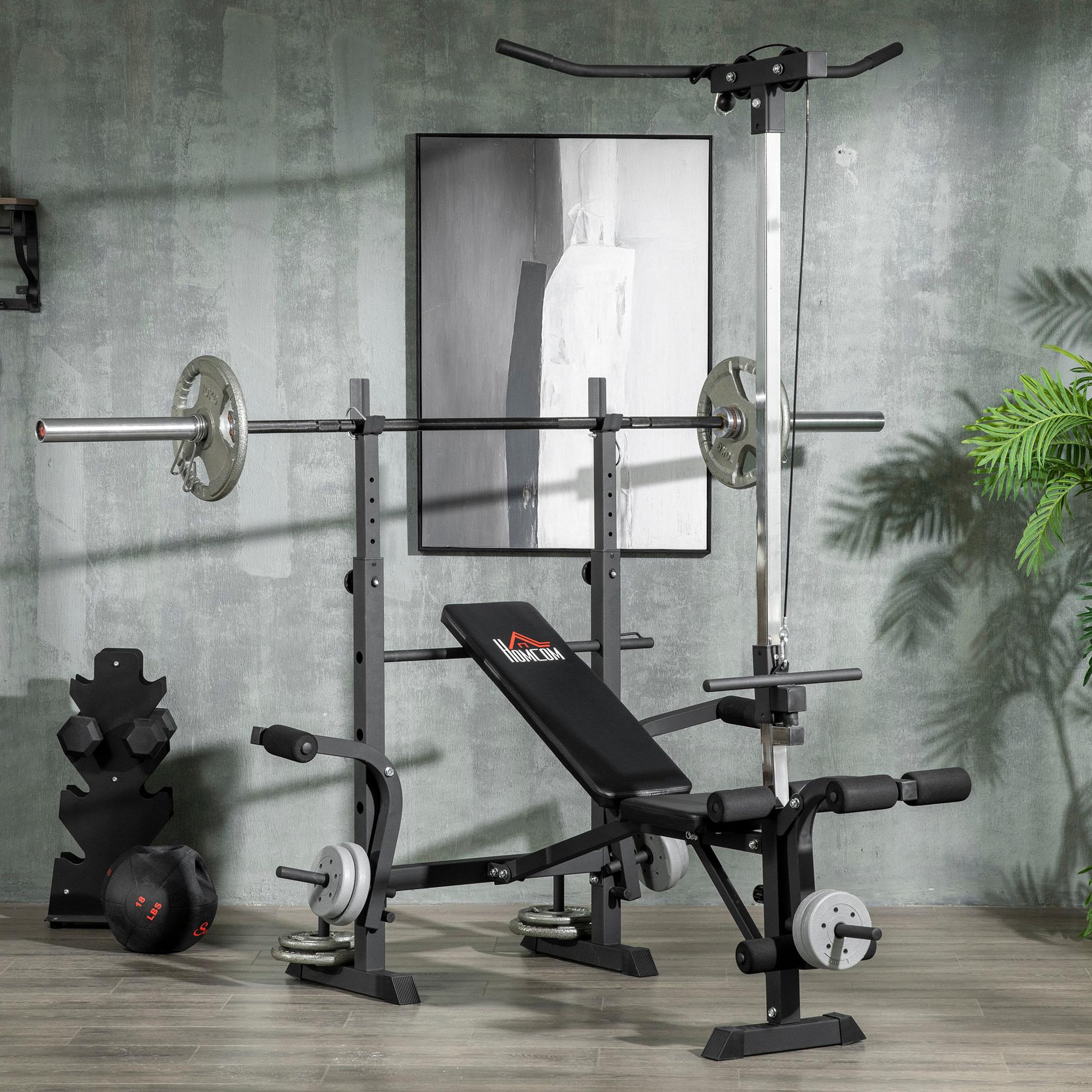 Voir la diapositive 2 : HOMCOM Banc de musculation complet multifonction réglable - poulie, support haltères, écarté pectoraux, banc - noir