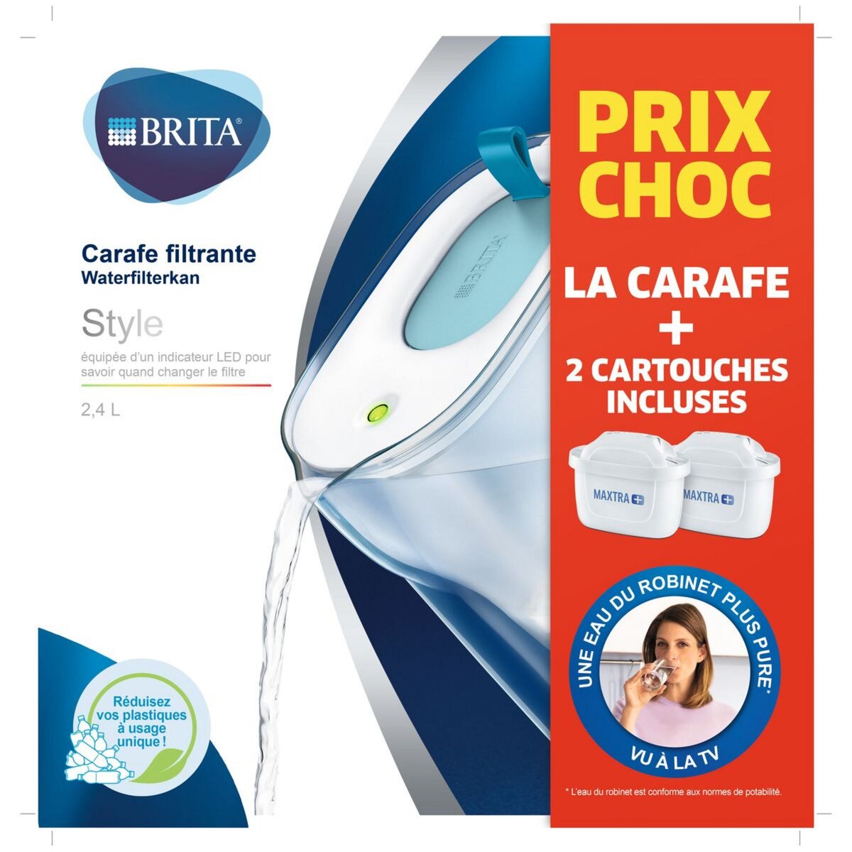 BRITA Carafe filtrante Marella bleue (2,4L) inclus 1 cartouche MAXTRA