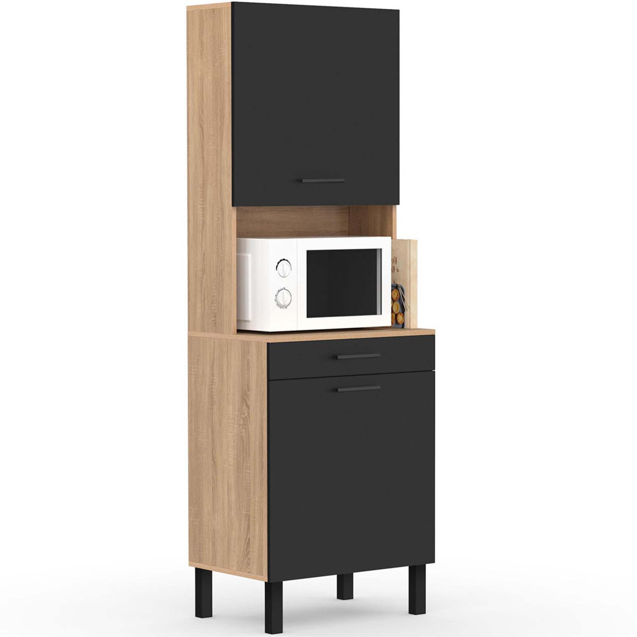 Voir la diapositive 2 : ID MARKET Buffet de cuisine 60 cm cina 2 portes + tiroir façon hêtre et noir