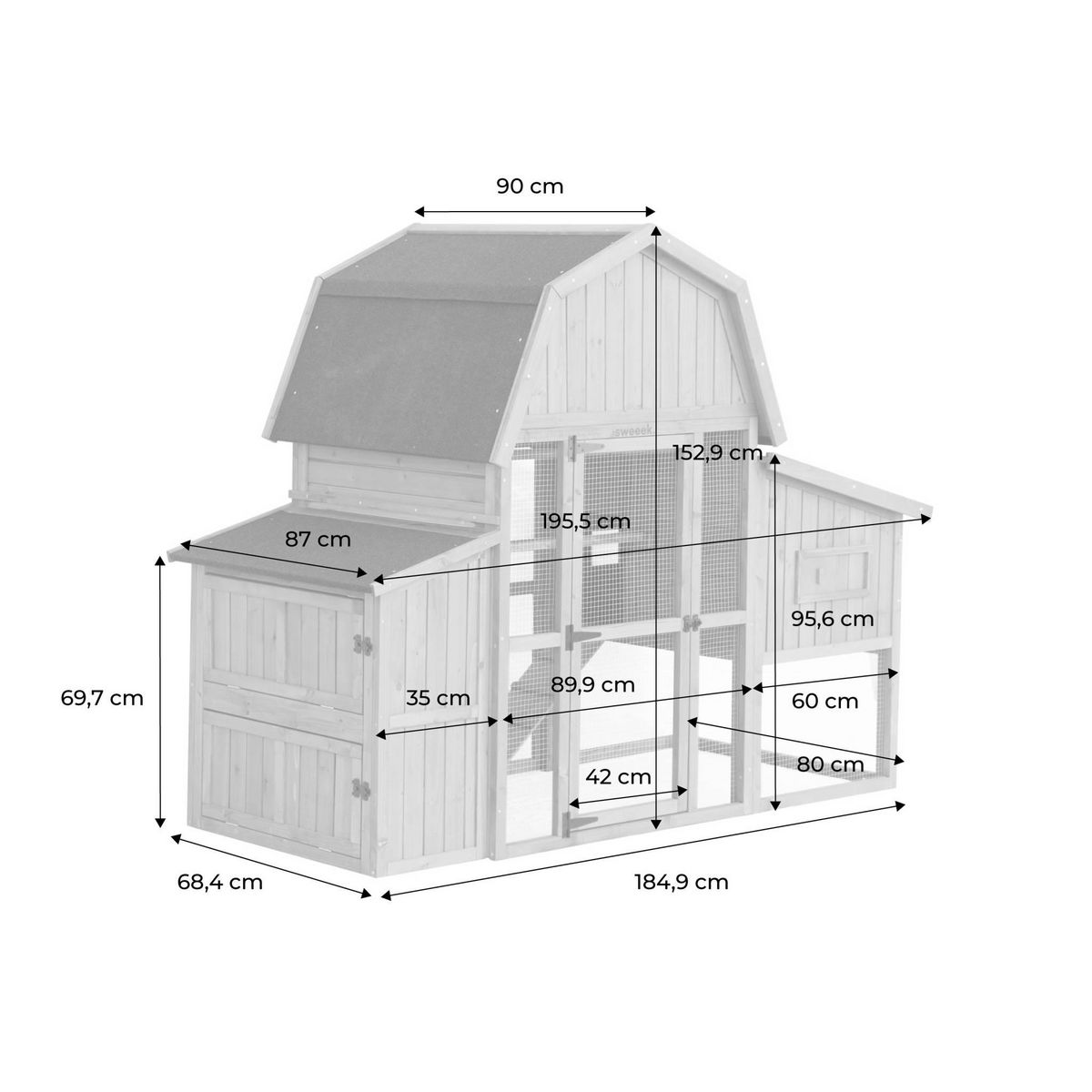 SWEEEK Poulailler 6 poules bois de sapin - 195.5 x 90 x 152.5 cm - Gasconne
