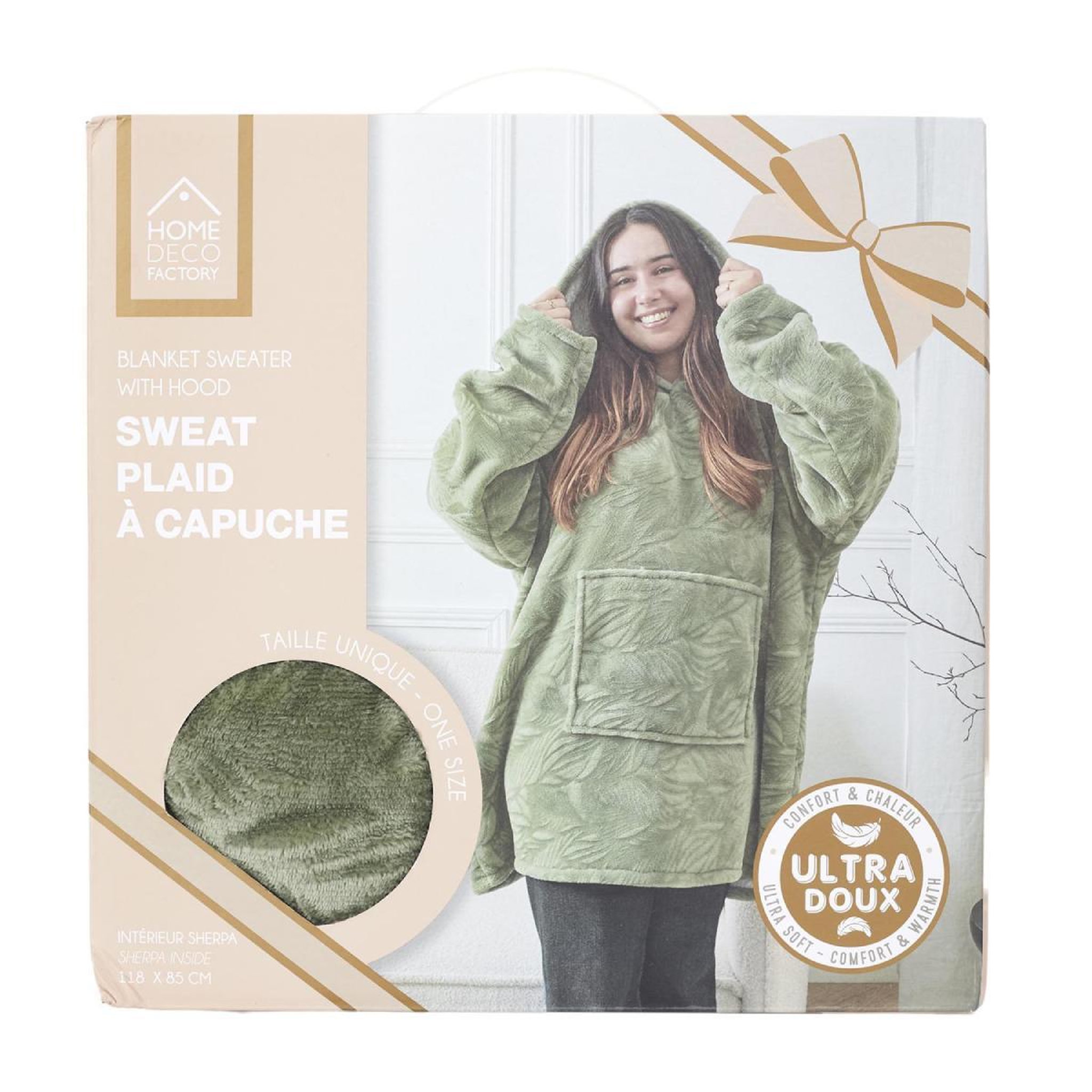 Voir la diapositive 5 : The Home Deco Factory Plaid sweat à capuche  natural  85x118cm vert