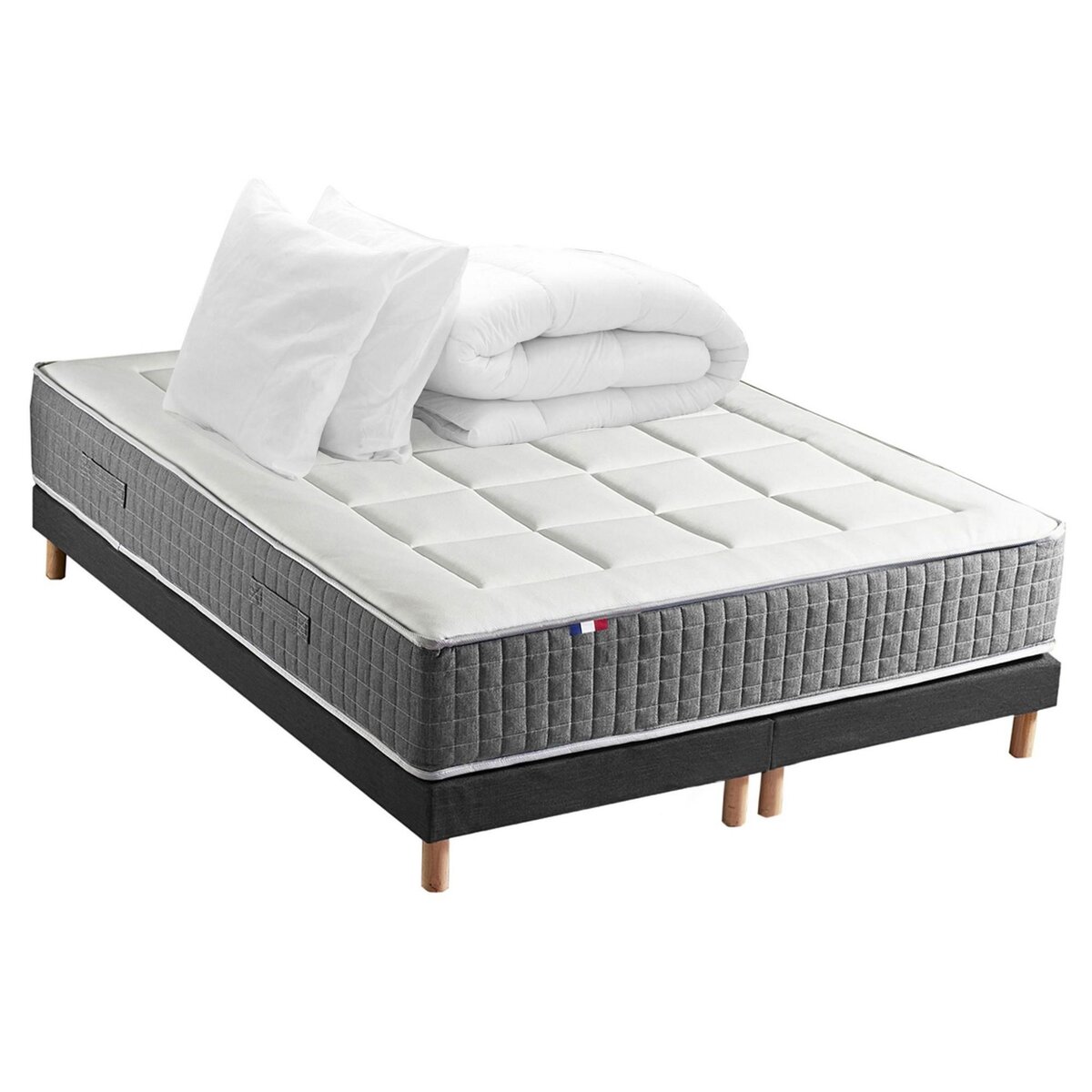 IDLITERIE Ensemble Matelas Ressort 7 zones H.28cm + Sommier + couette + oreillers Fabriqué en France MAX