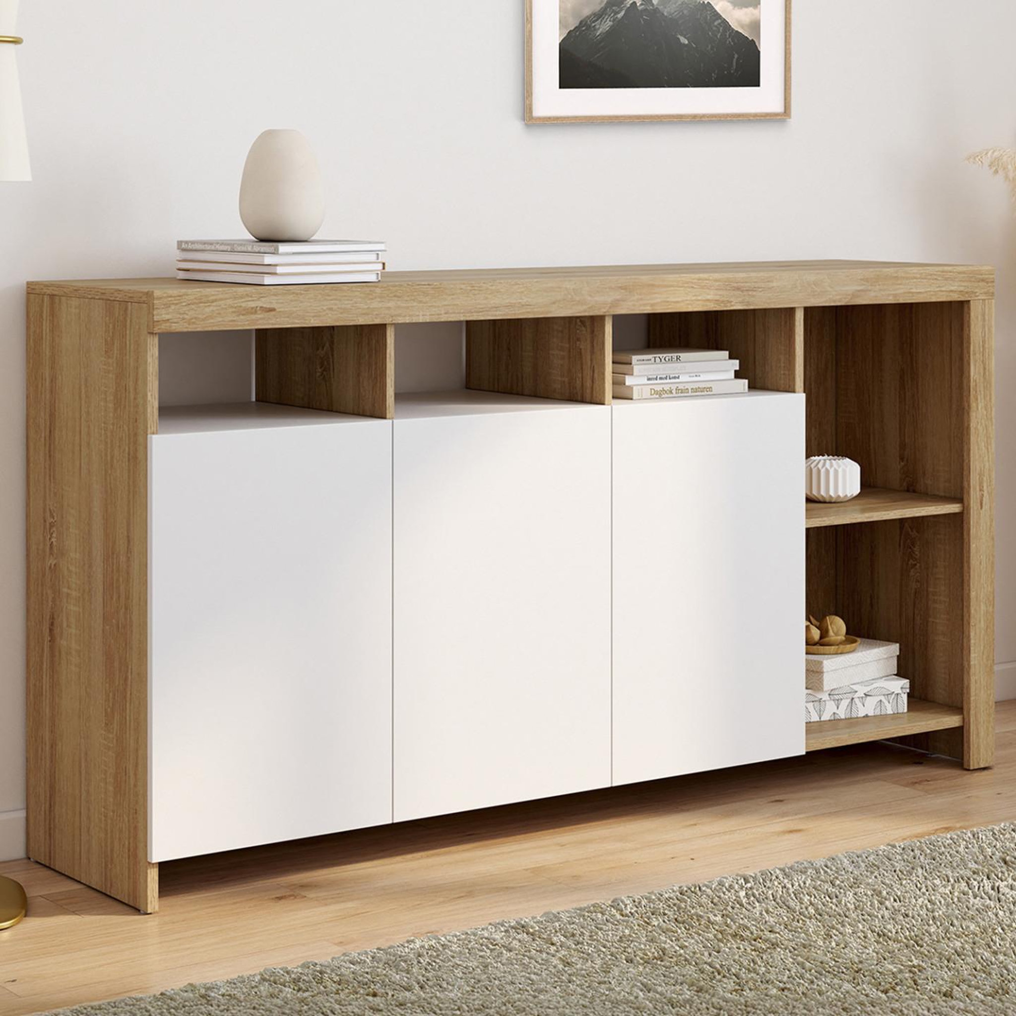 Voir la diapositive 2 : ID MARKET Buffet 140 cm MALO bois façon hêtre et portes blanches