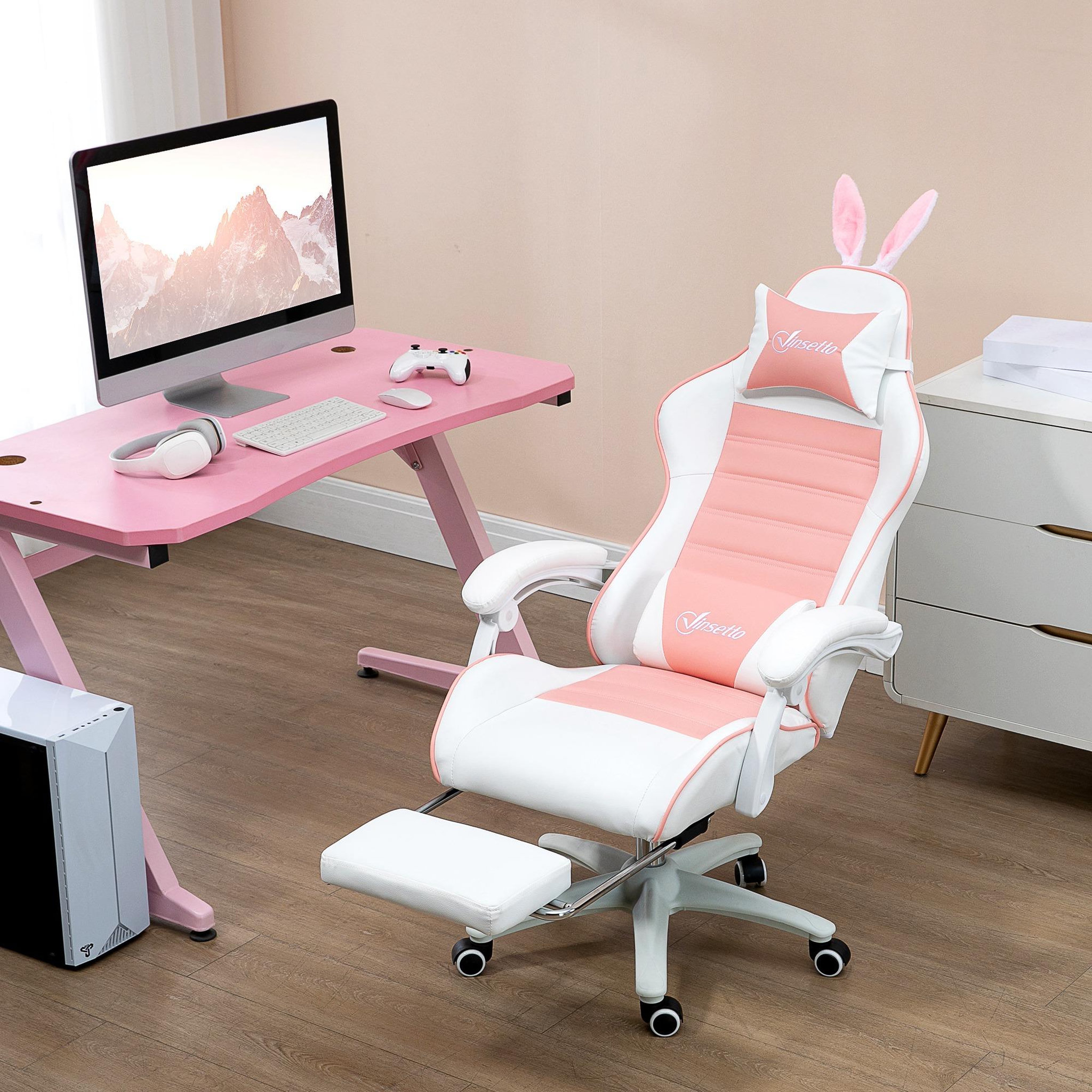 Voir la diapositive 4 : VINSETTO Chaise gaming fauteuil gamer inclinable réglable repose-pied rétractable oreilles de lapin amovibles rose blanc