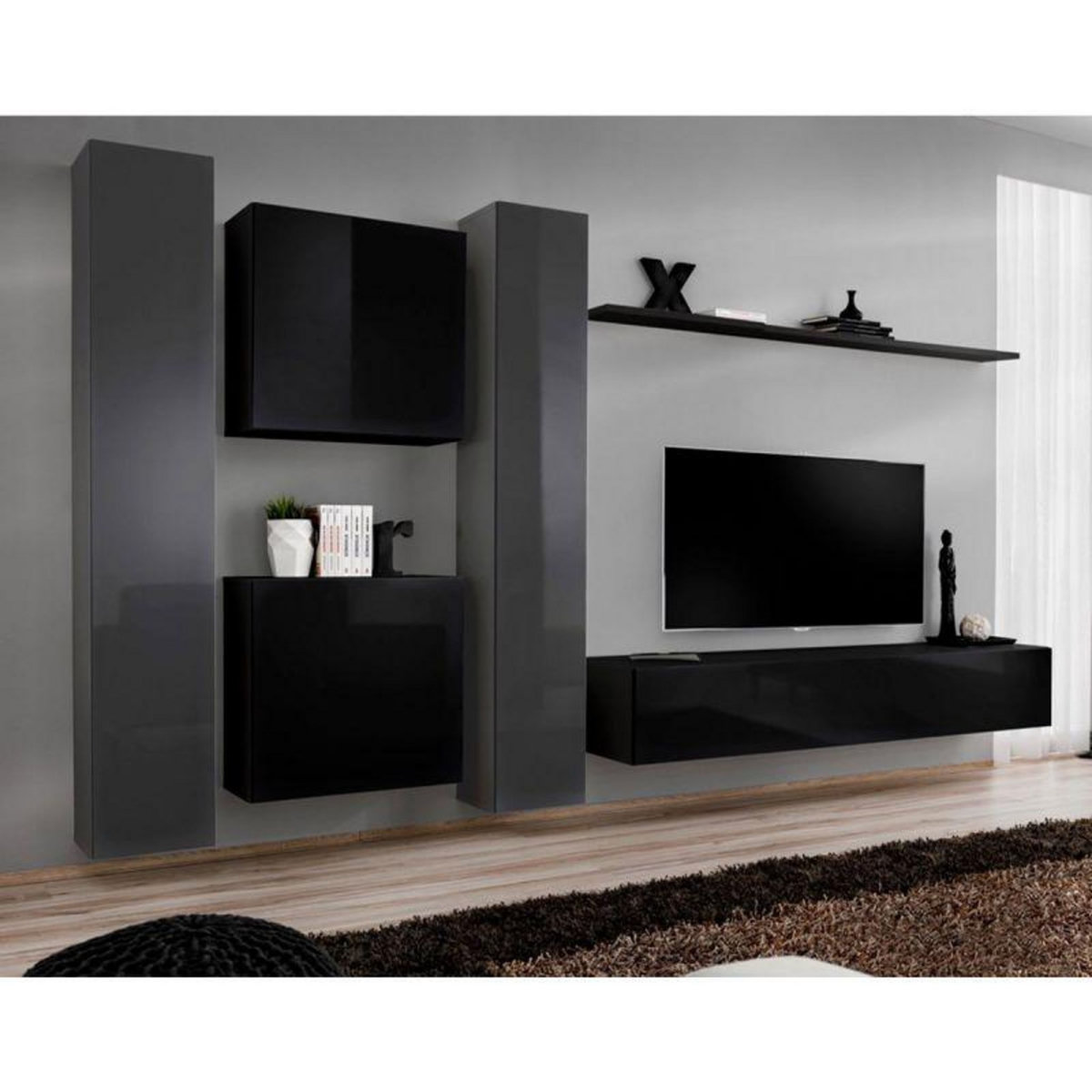 Paris Prix Meuble TV Mural Design  Switch VI  330cm Noir & Gris