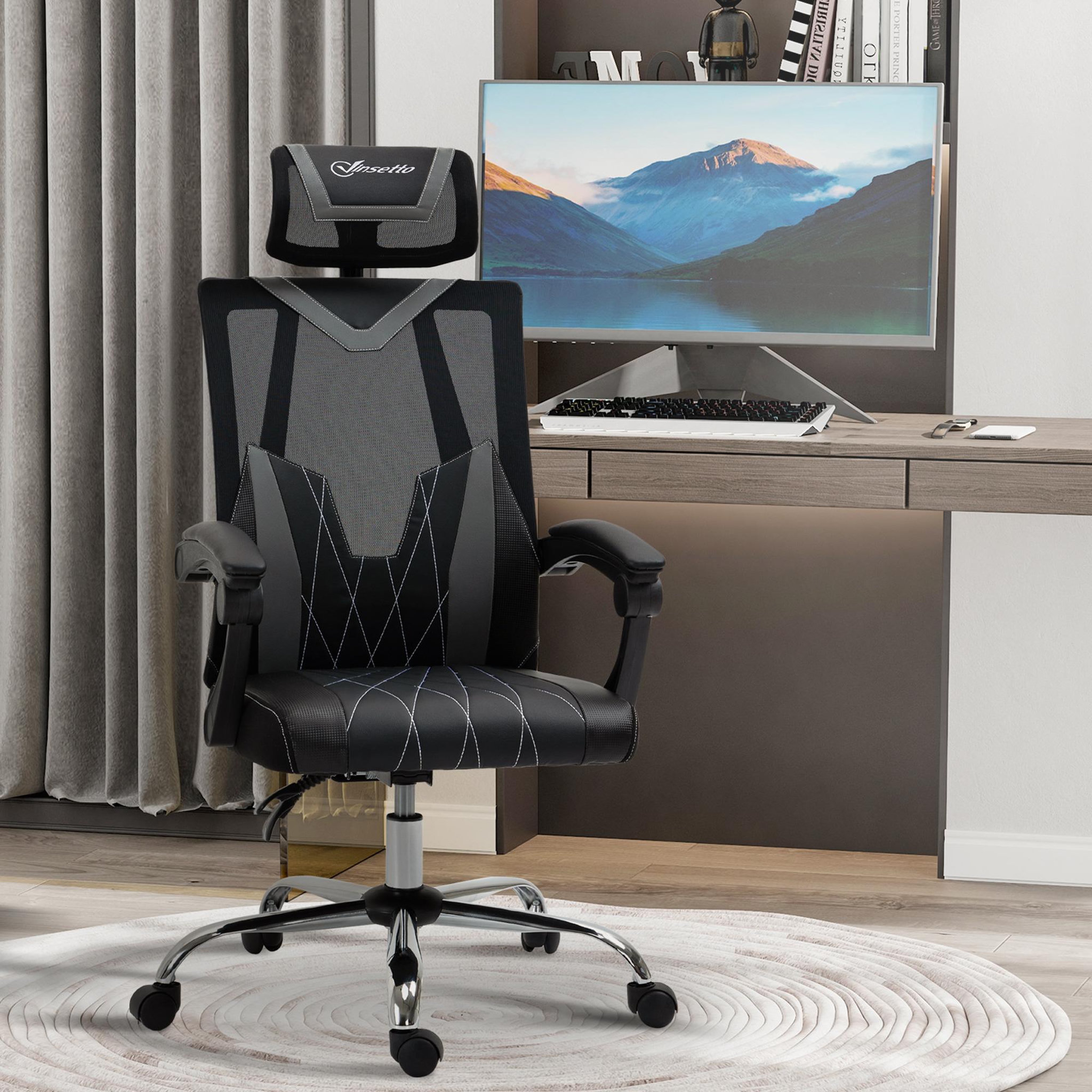 Voir la diapositive 2 : VINSETTO Fauteuil de bureau manager inclinable réglable support lombaires tétière tissu maille polyester PU gris noir