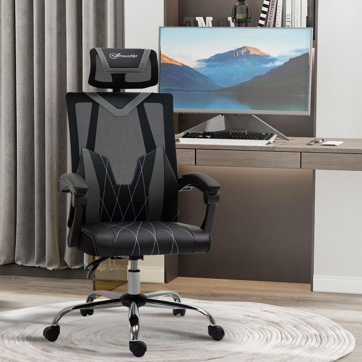 VINSETTO Fauteuil de bureau manager inclinable réglable support lombaires tétière tissu maille polyester PU gris noir