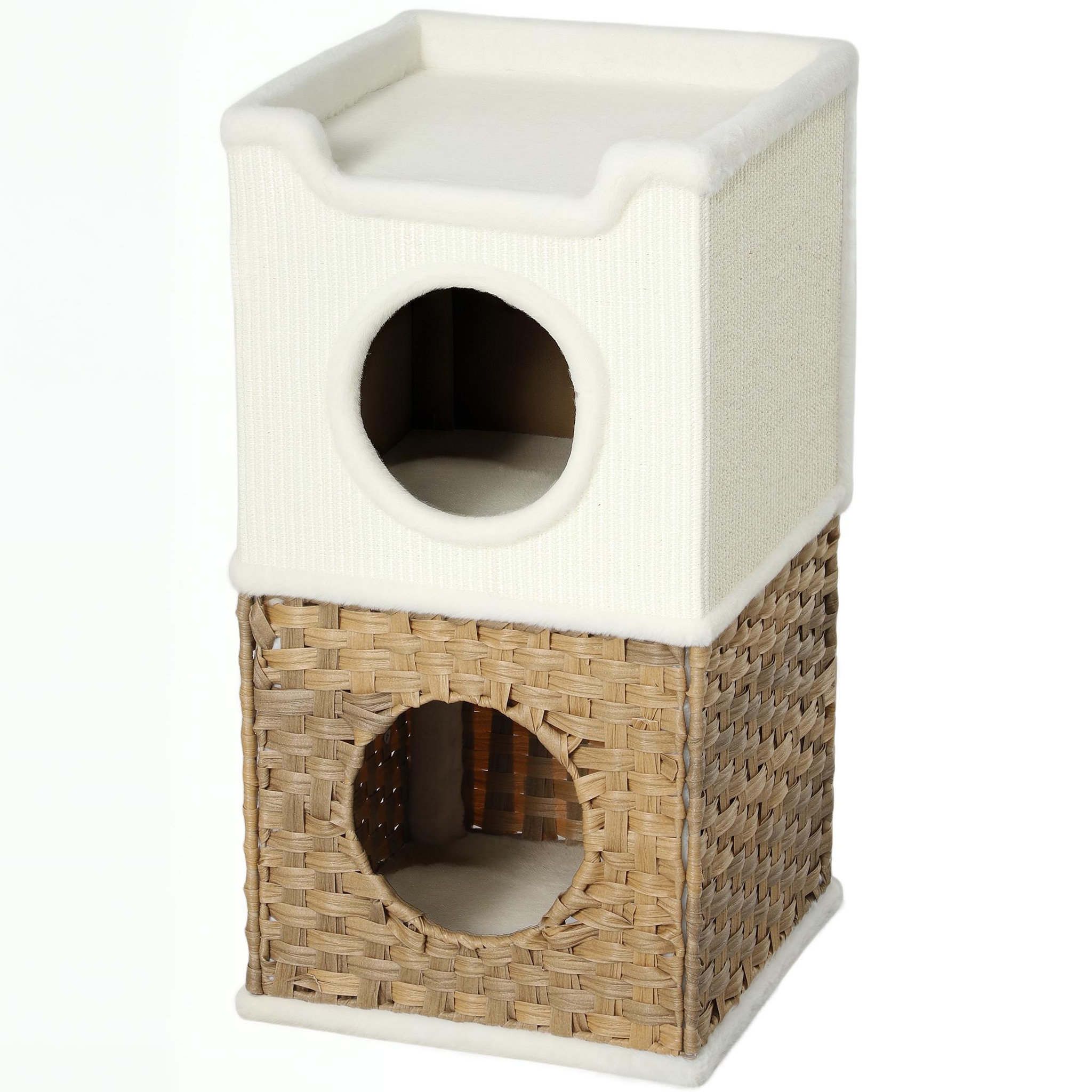PAWHUT Tour à griffer pour chat 3 niveaux - 2 niches, panier observation- h.75,5 cm - résine tressée sisal