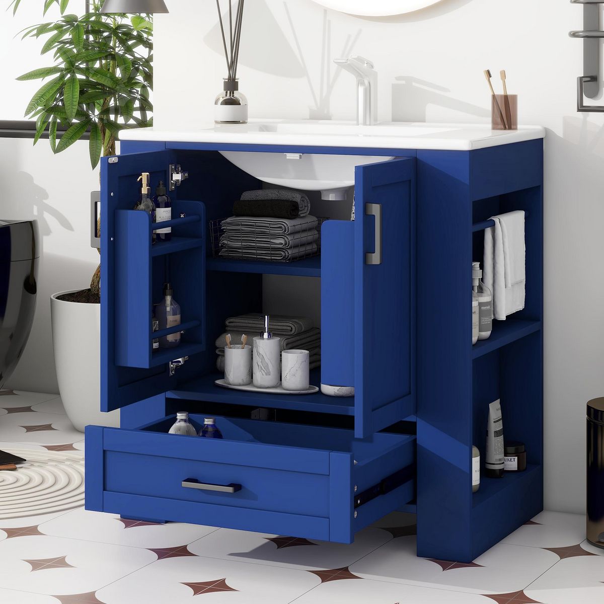 MERAX Meuble De Salle De Bain Vasque 2 Portes, 1 Tiroir Et 4 Étagères Bleu