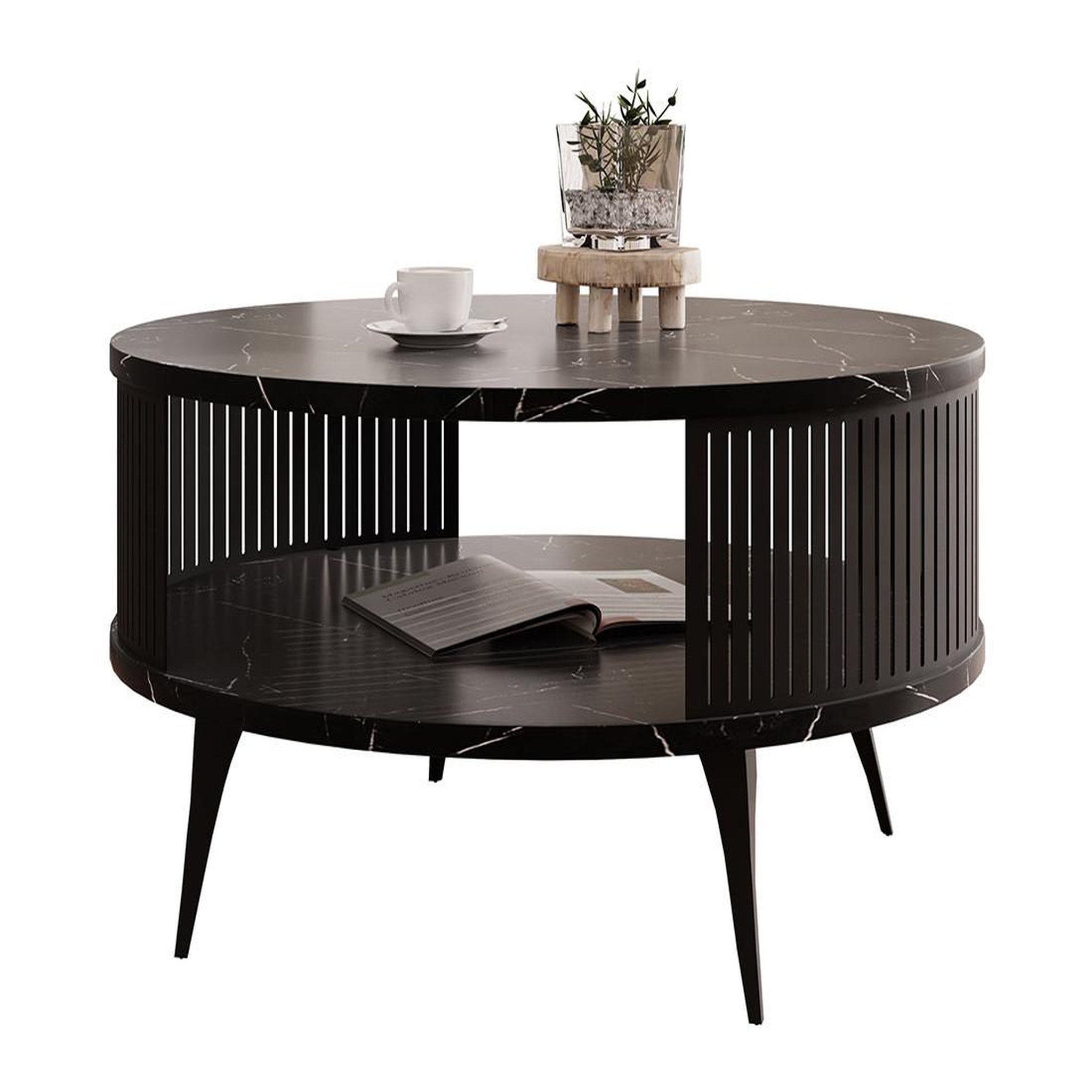 Voir la diapositive 2 : BEST MOBILIER Forini - table basse ronde - effet marbre noir - 1 niche - 75 cm