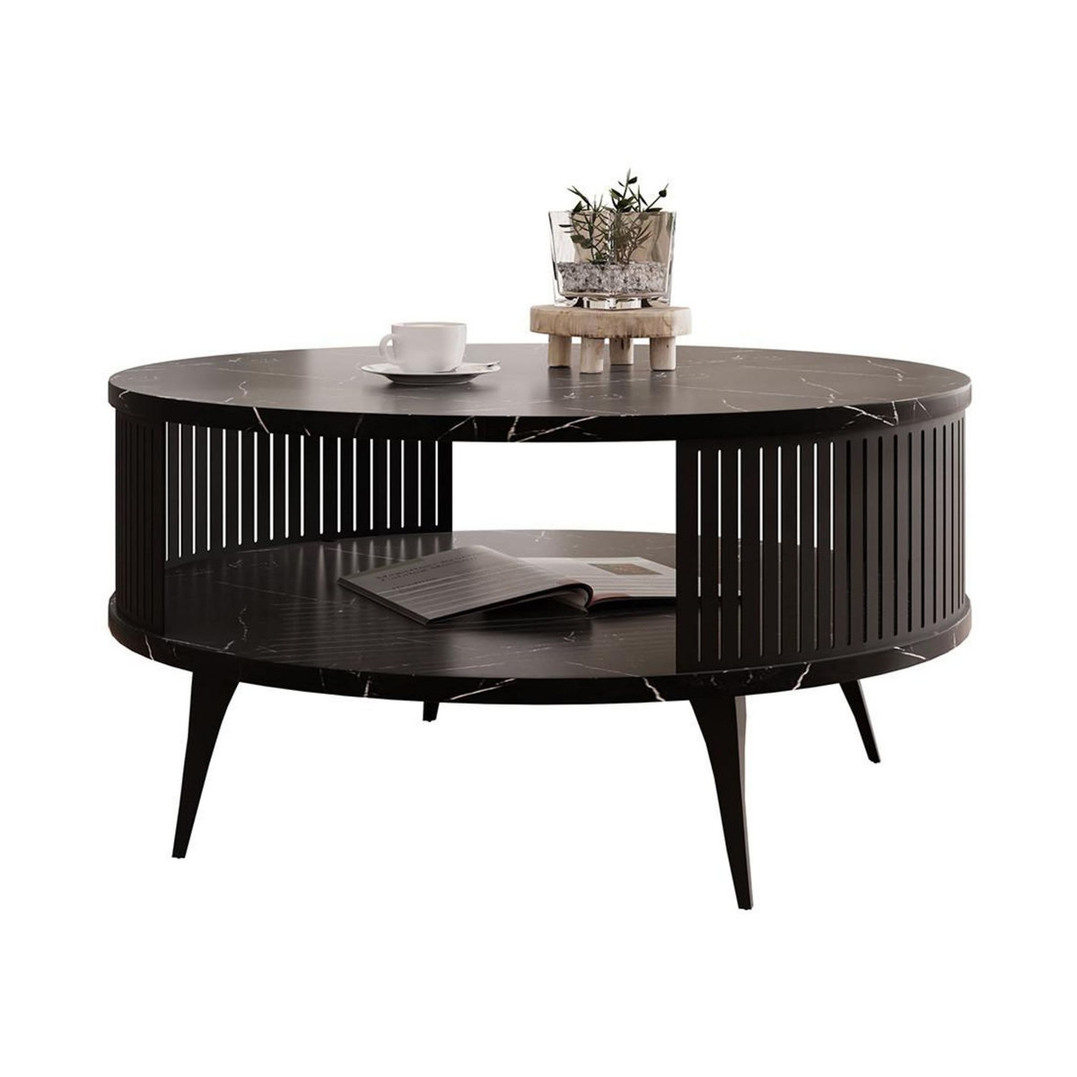 BEST MOBILIER Forini - table basse ronde - effet marbre noir - 1 niche - 75 cm