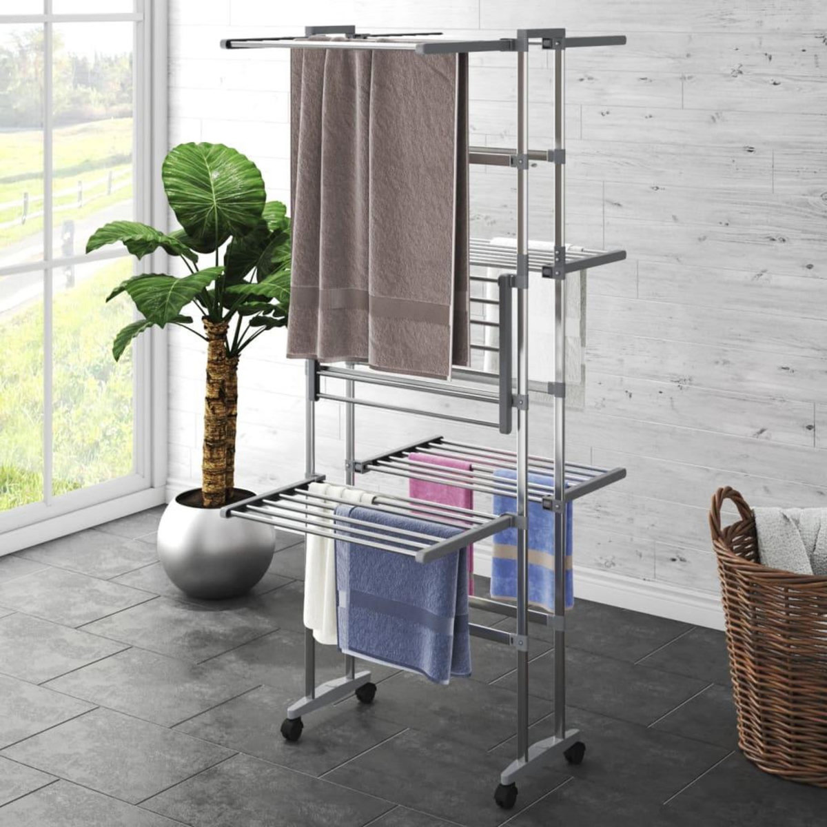VIDAXL Etagere a linge a 3 niveaux avec roues Argente 60x70x129 cm