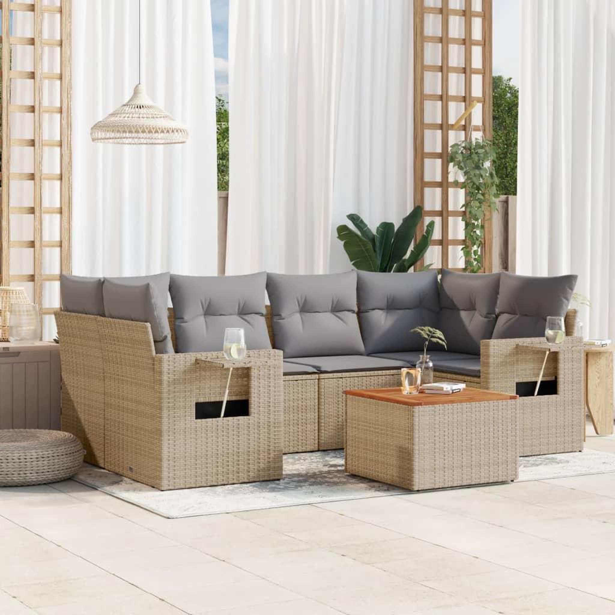VIDAXL Salon de jardin avec coussins 7pcs melange beige resine tressee