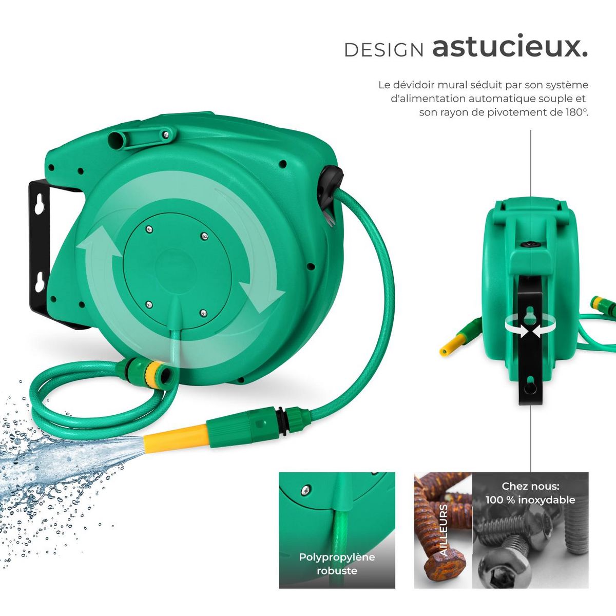 tectake Dévidoir à enroulement automatique pour tuyau d'arrosage avec raccord rapide 1/2 pouce vert